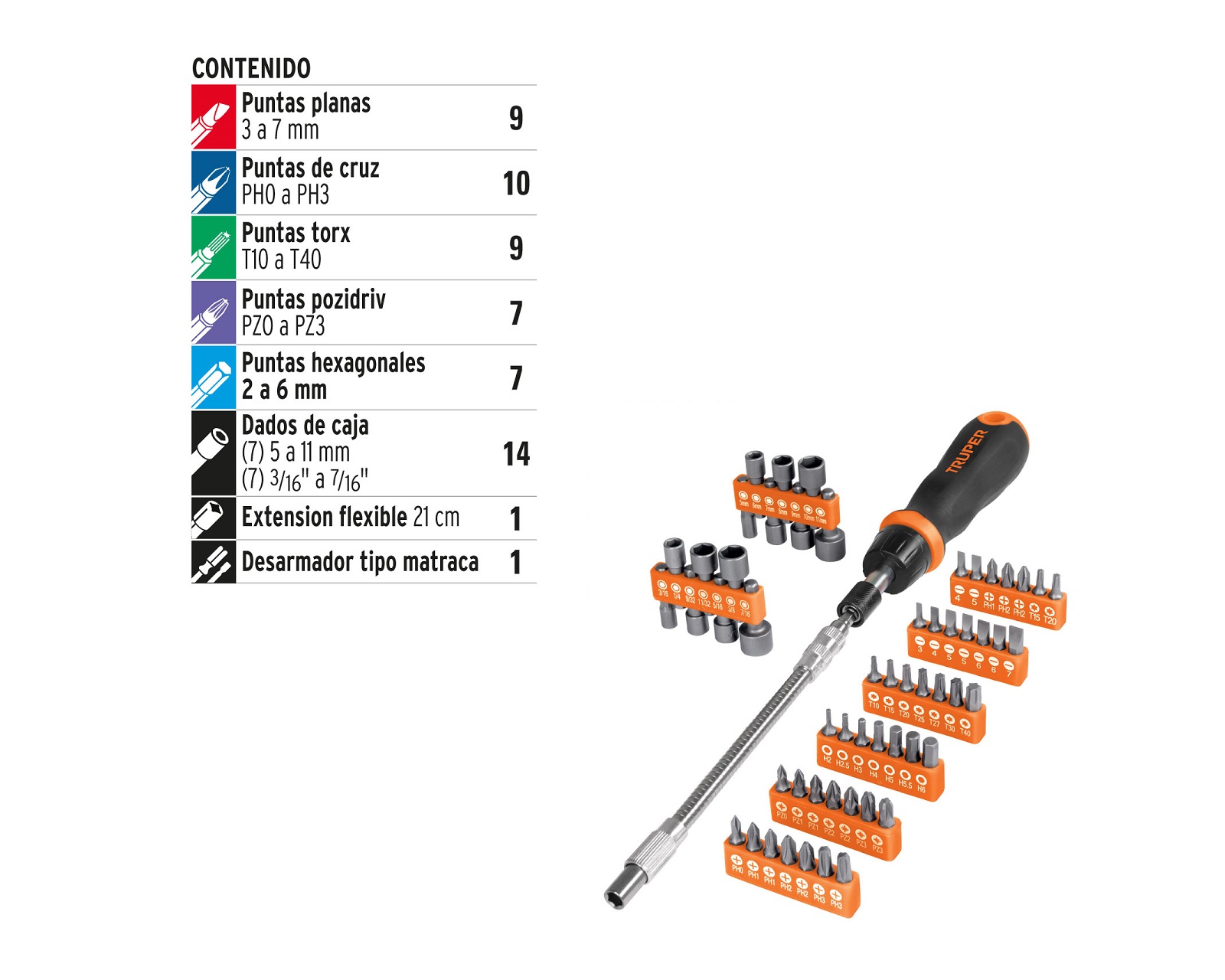 Foto 3 pulgar | Desarmador Tipo Matraca con 42 Puntas y 14 Dados para Mecánico Truper Jdm-58