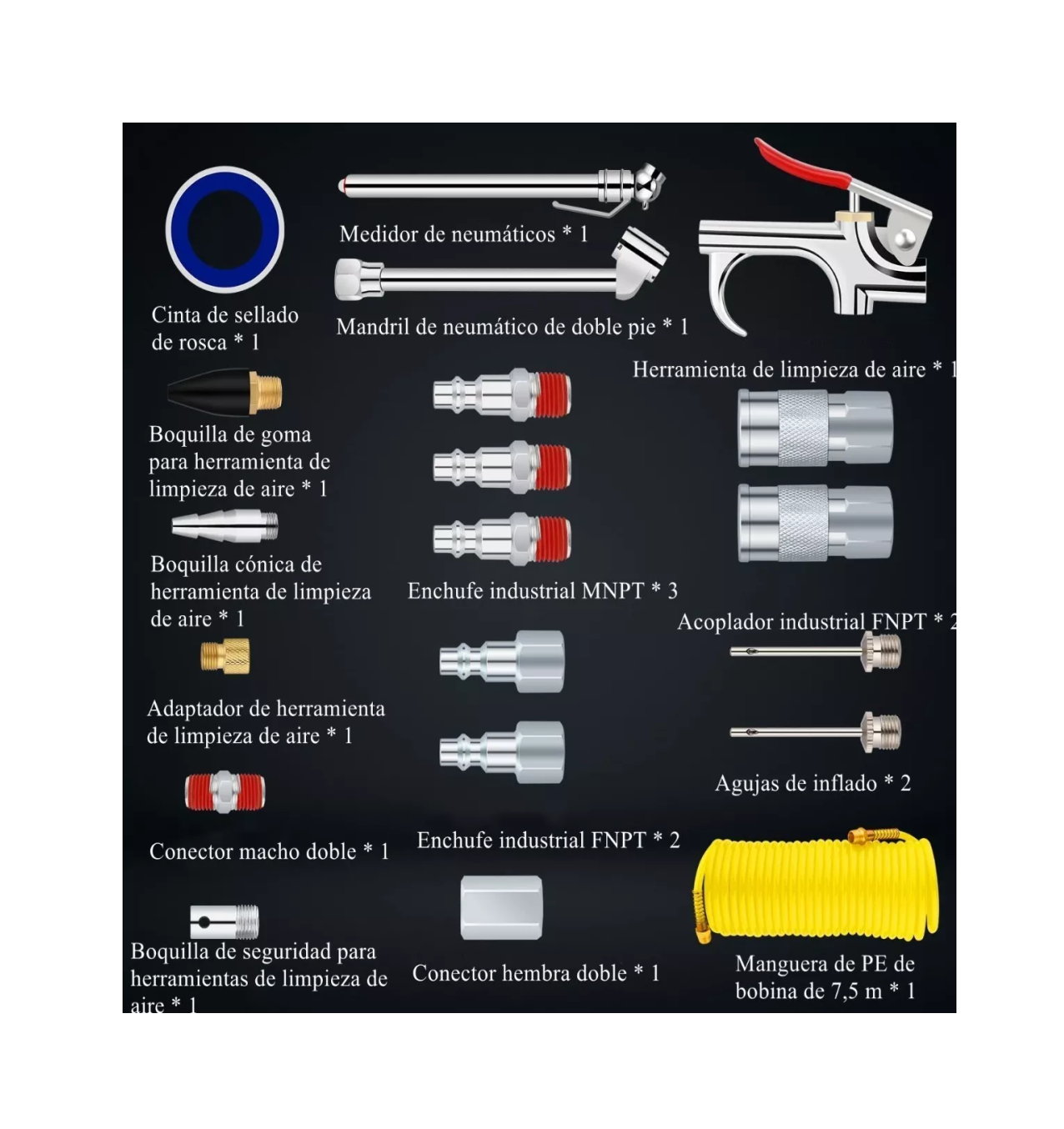 Foto 3 pulgar | Kit de Accesorios para Compresor de Aire Belug 20 Piezas Amarillo