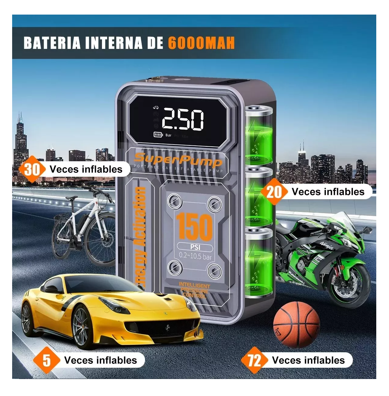 Foto 4 pulgar | Compresor Inflador Llantas Bomba De Aire Eléctrica Portatil Plateado