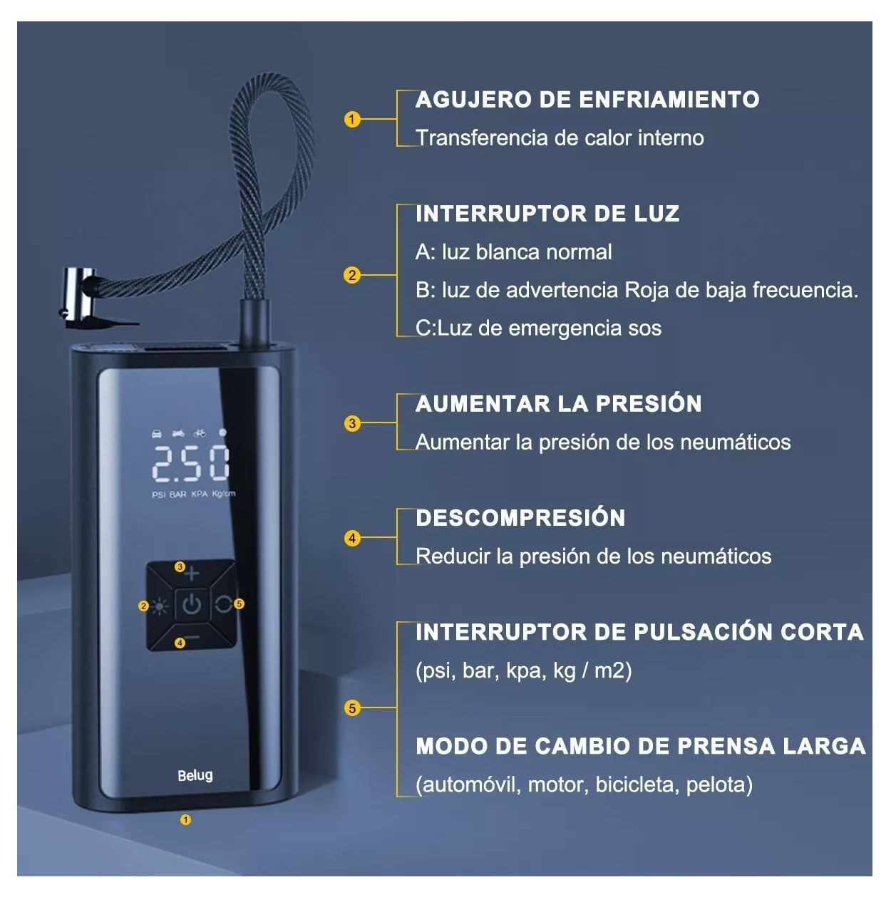 Foto 4 pulgar | Inflador De Llantas Inalámbrico Portátil 150 Psi Con Lcd Belug, Negro