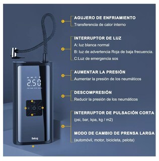 Foto 3 | Inflador De Llantas Inalámbrico Portátil 150 Psi Con Lcd Belug, Negro