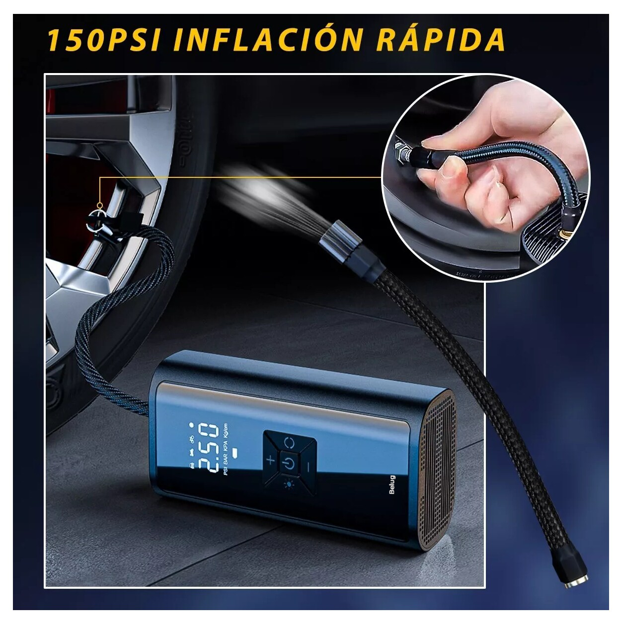 Foto 5 pulgar | Inflador De Llantas Inalámbrico Portátil 150 Psi Con Lcd Belug, Negro