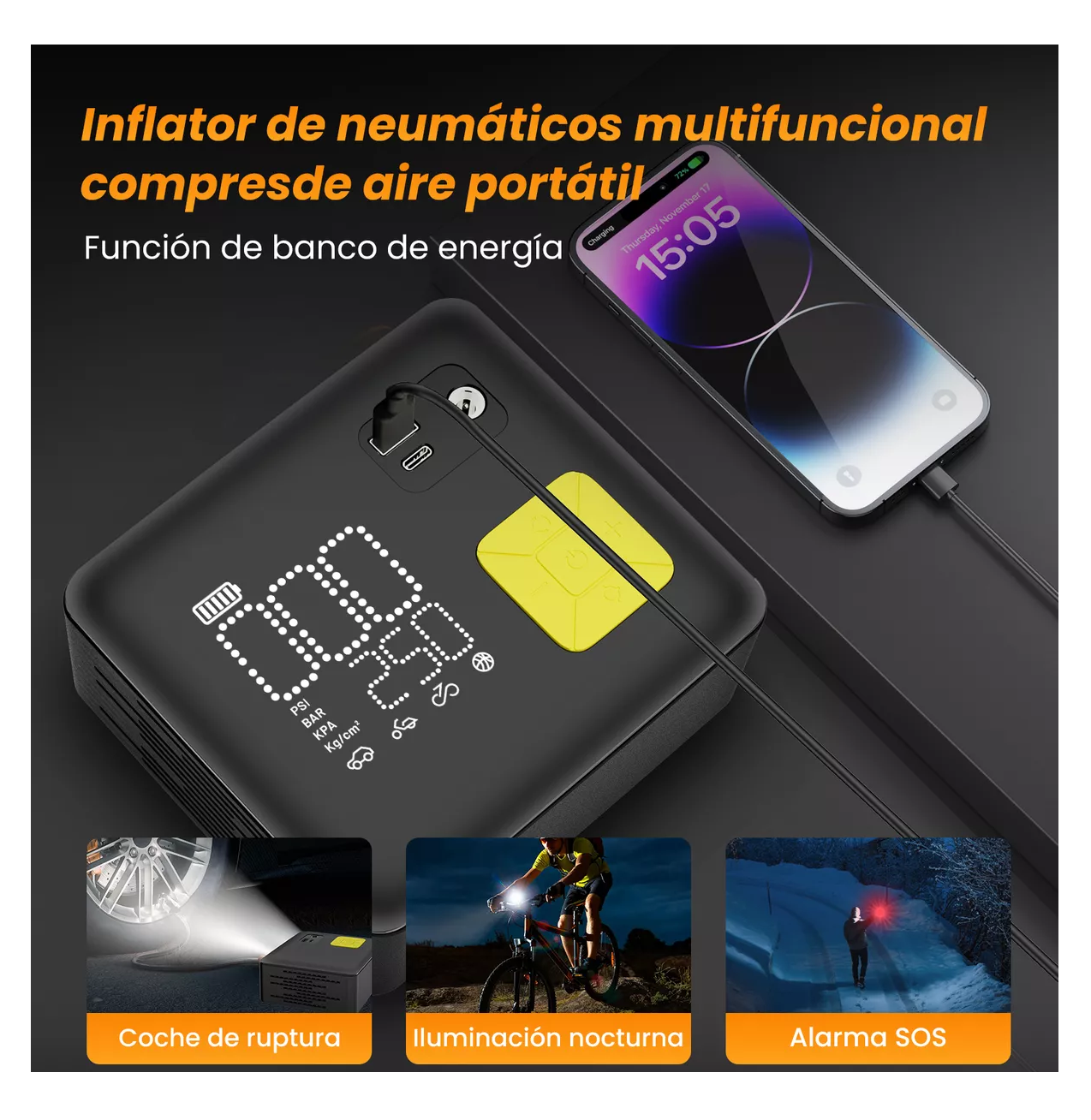 Foto 3 pulgar | Inflador De Neumático Portátil De 150 Psi Compresores De Aire Negro/amarillo