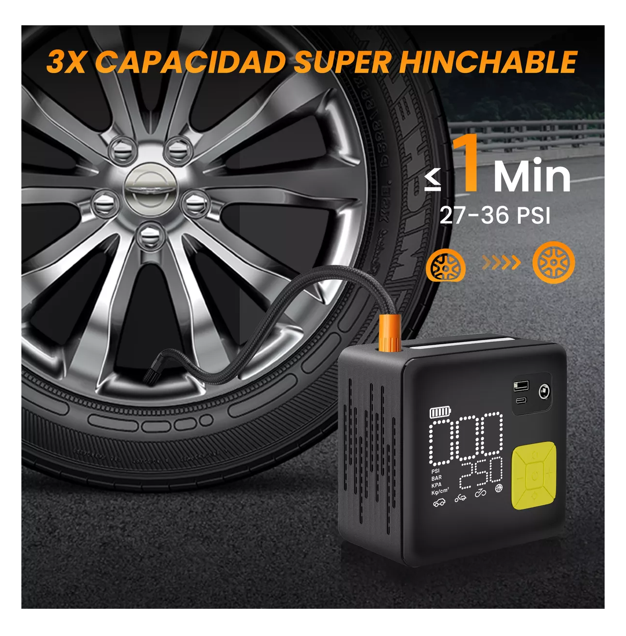 Foto 4 pulgar | Inflador De Neumático Portátil De 150 Psi Compresores De Aire Negro/amarillo