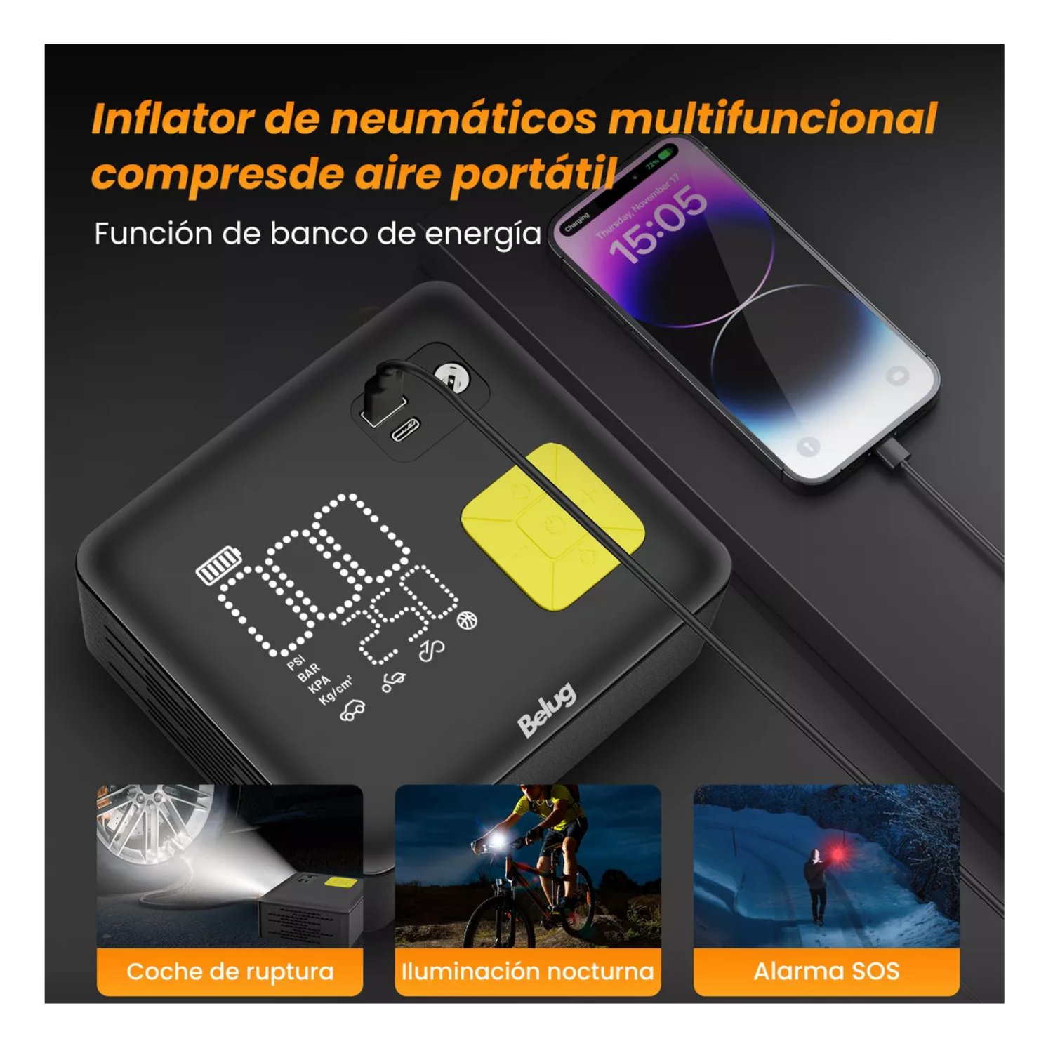 Foto 3 pulgar | Inflador De Neumático Belug Portátil De 150 Psi Compresores De Aire Negro/amarillo