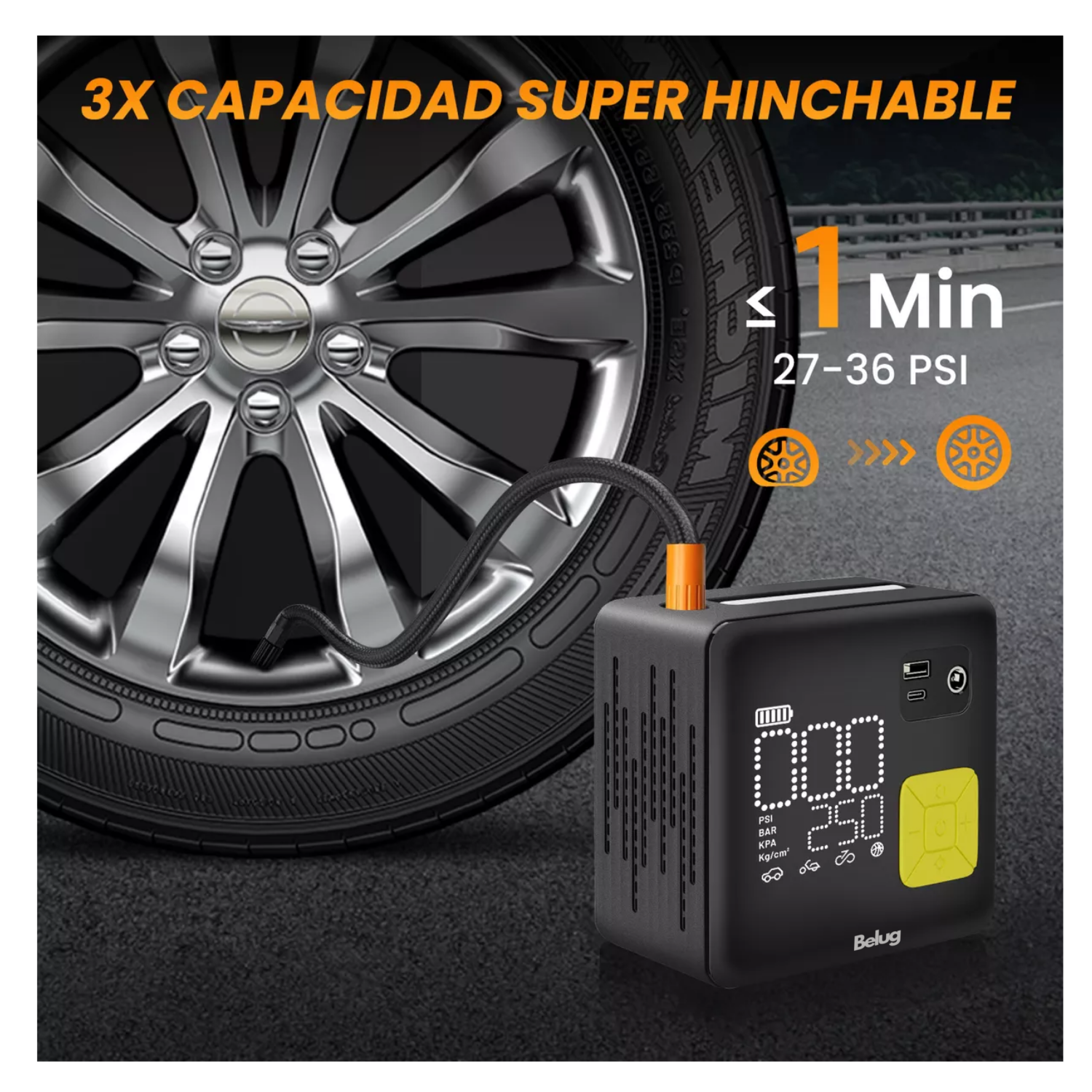 Foto 4 pulgar | Inflador De Neumático Belug Portátil De 150 Psi Compresores De Aire Negro/amarillo