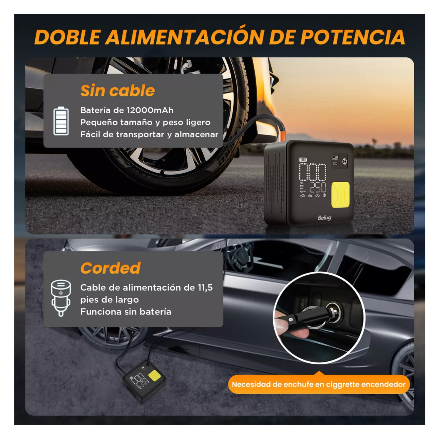 Foto 5 pulgar | Inflador De Neumático Belug Portátil De 150 Psi Compresores De Aire Negro/amarillo