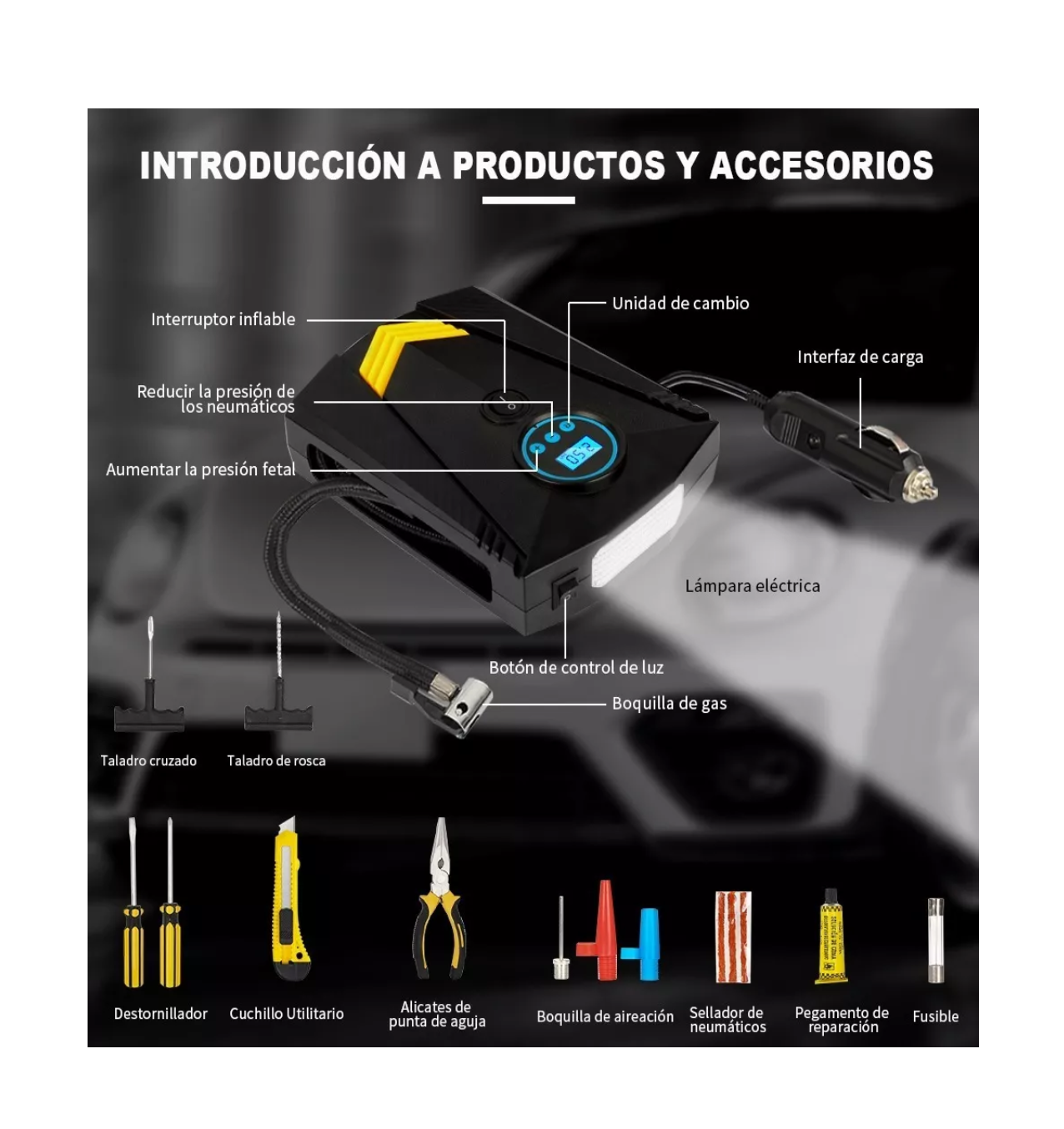 Foto 3 pulgar | Compresor Inflador de Llanta + Kit de Herramientas TOOSCI Negro