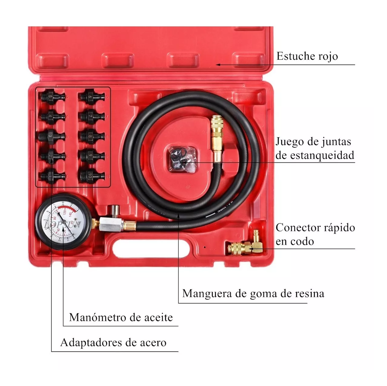 Foto 5 pulgar | Kit De Manómetro Para Medir La Presión De Aceite Del Motor Estuche Rojo Herramientas Negras