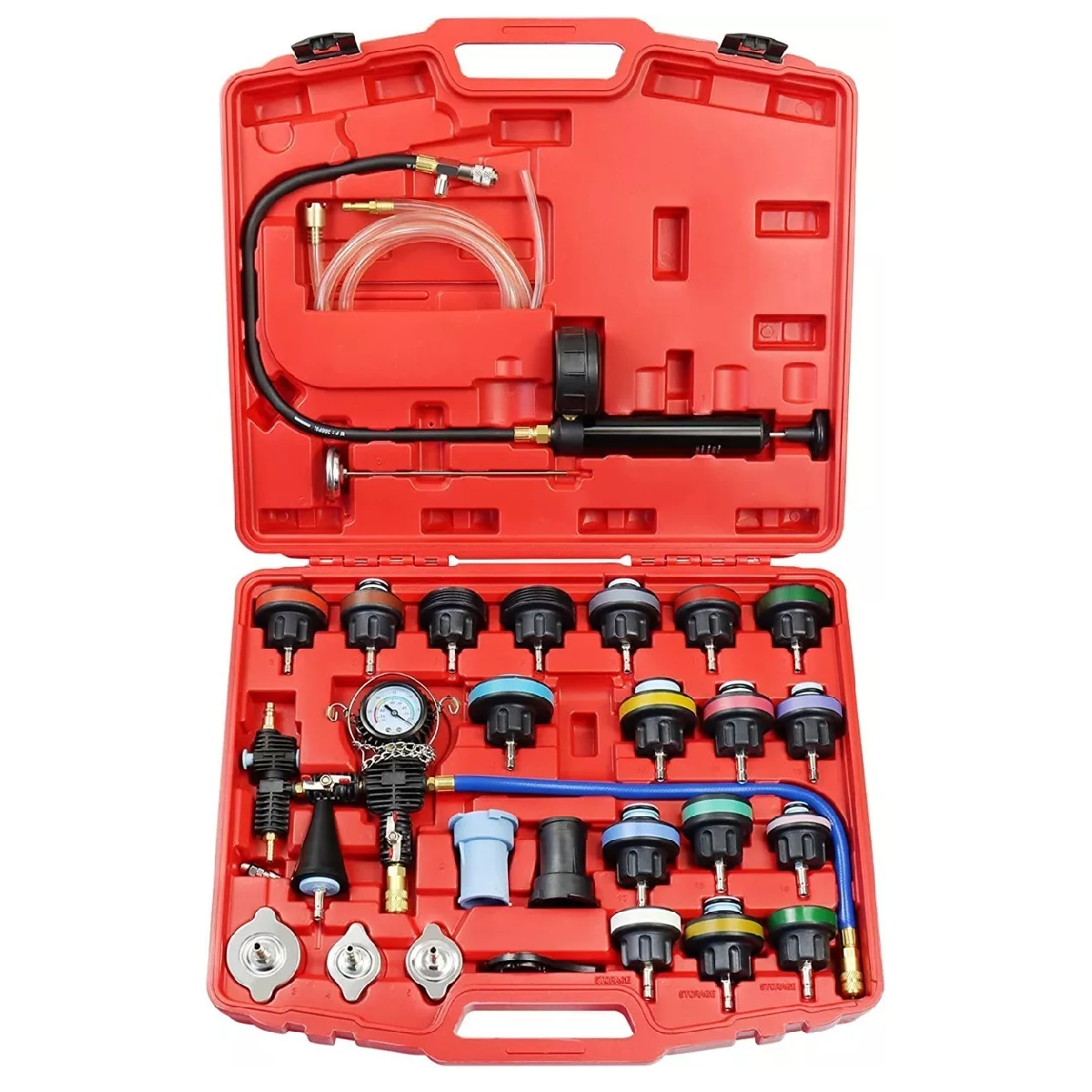 Kit Probador de Fugas Presión Radiador con Kit Purga 28 Pcs Eo Safe Imports Esi-12256 Rojo