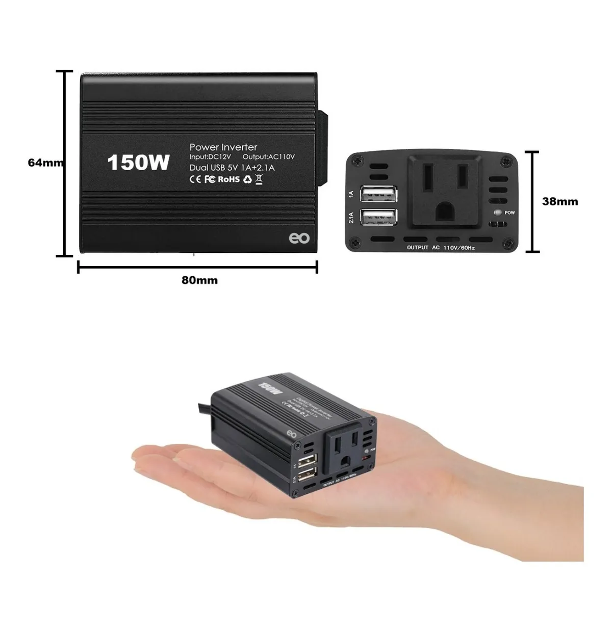 Foto 3 pulgar | Inversor De Alta Potencia Para Coche De 150 W Eo Safe Imports Esi-549-1 Negro