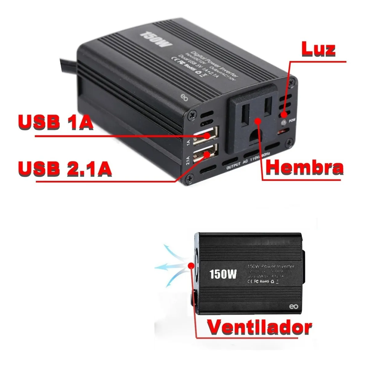 Foto 4 pulgar | Inversor De Alta Potencia Para Coche De 150 W Eo Safe Imports Esi-549-1 Negro