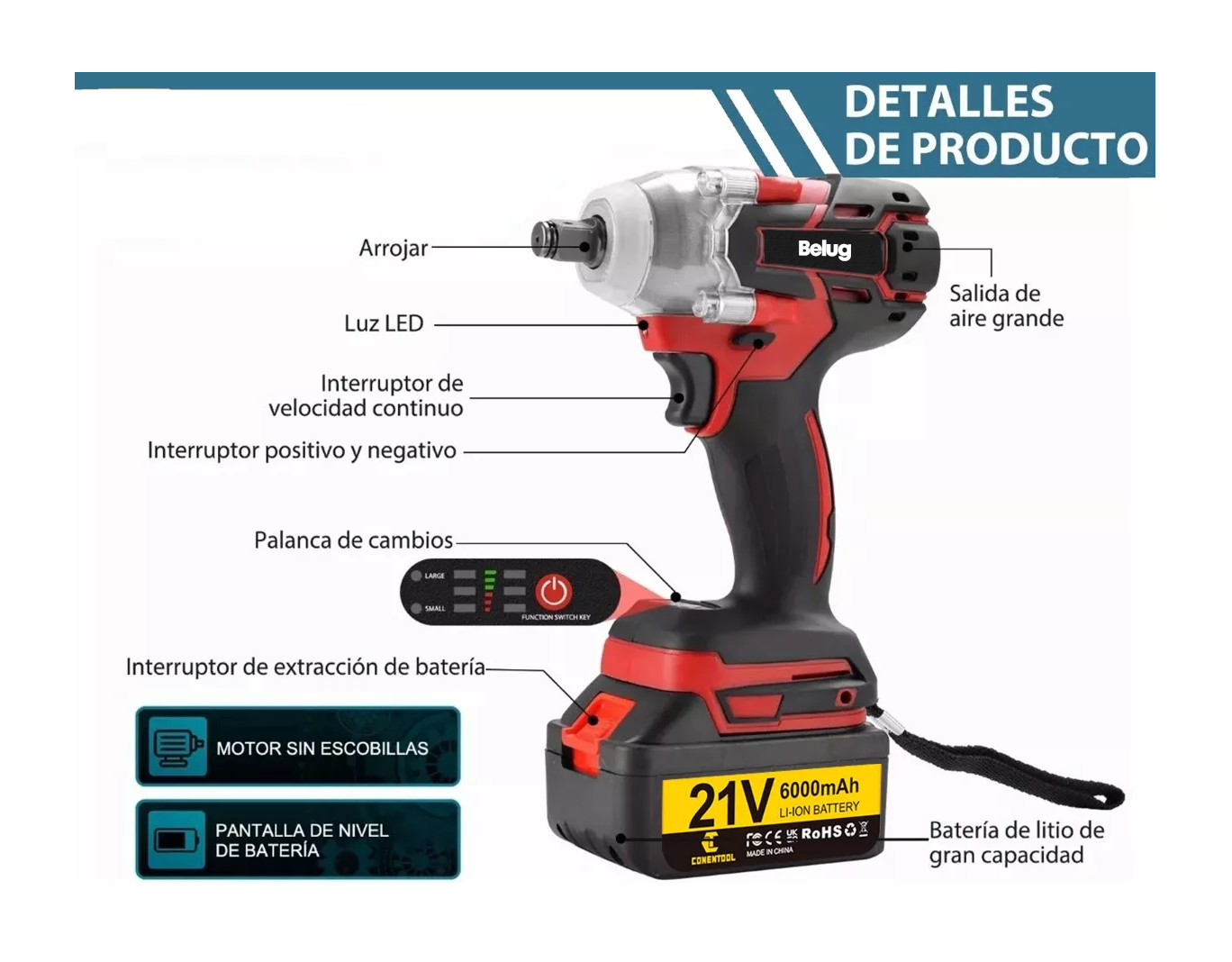 Foto 4 | Pistola Impacto Llave Taladro Inalámbrica Sincarbono 650nm, Color Negro Con Rojo Belug