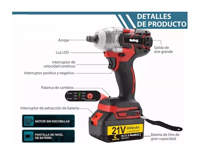 Foto 4 | Pistola Impacto Llave Taladro Inalámbrica Sincarbono 650nm, Color Negro Con Rojo Belug