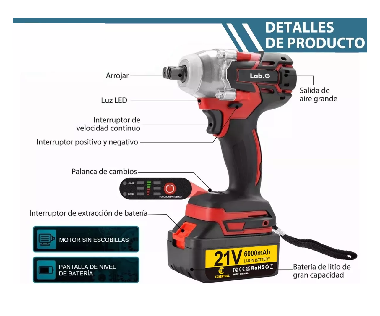 Foto 4 | Pistola Impacto Llave Taladro Inalámbrica Sincarbono 650nm, Color Negro Con Rojo