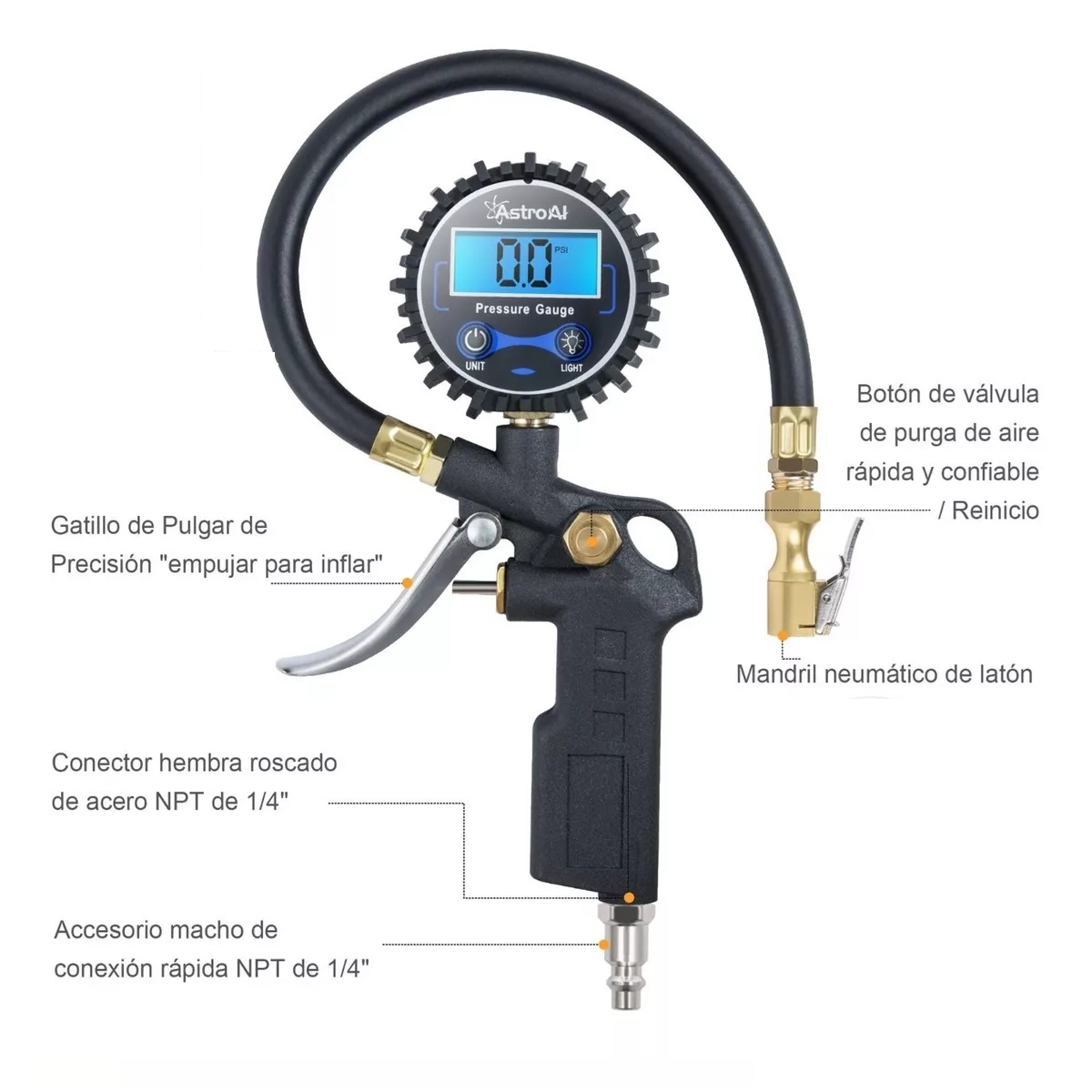 Foto 5 pulgar | Inflador de Neumáticos Digital Astroai con Manómetro Negro