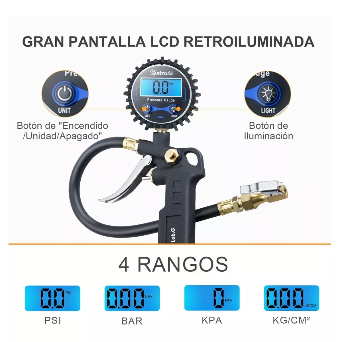 Foto 3 pulgar | Inflador De Neumáticos Lab.g Digital Astroai Con Manómetro Negro