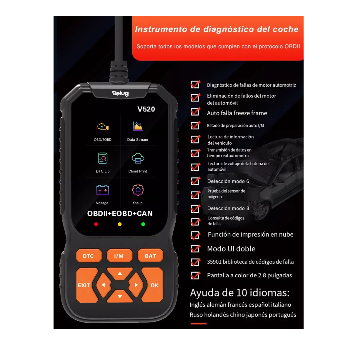 Foto 5 pulgar | Scanner Belug Obd2 Multifuncional Automotriz Negro