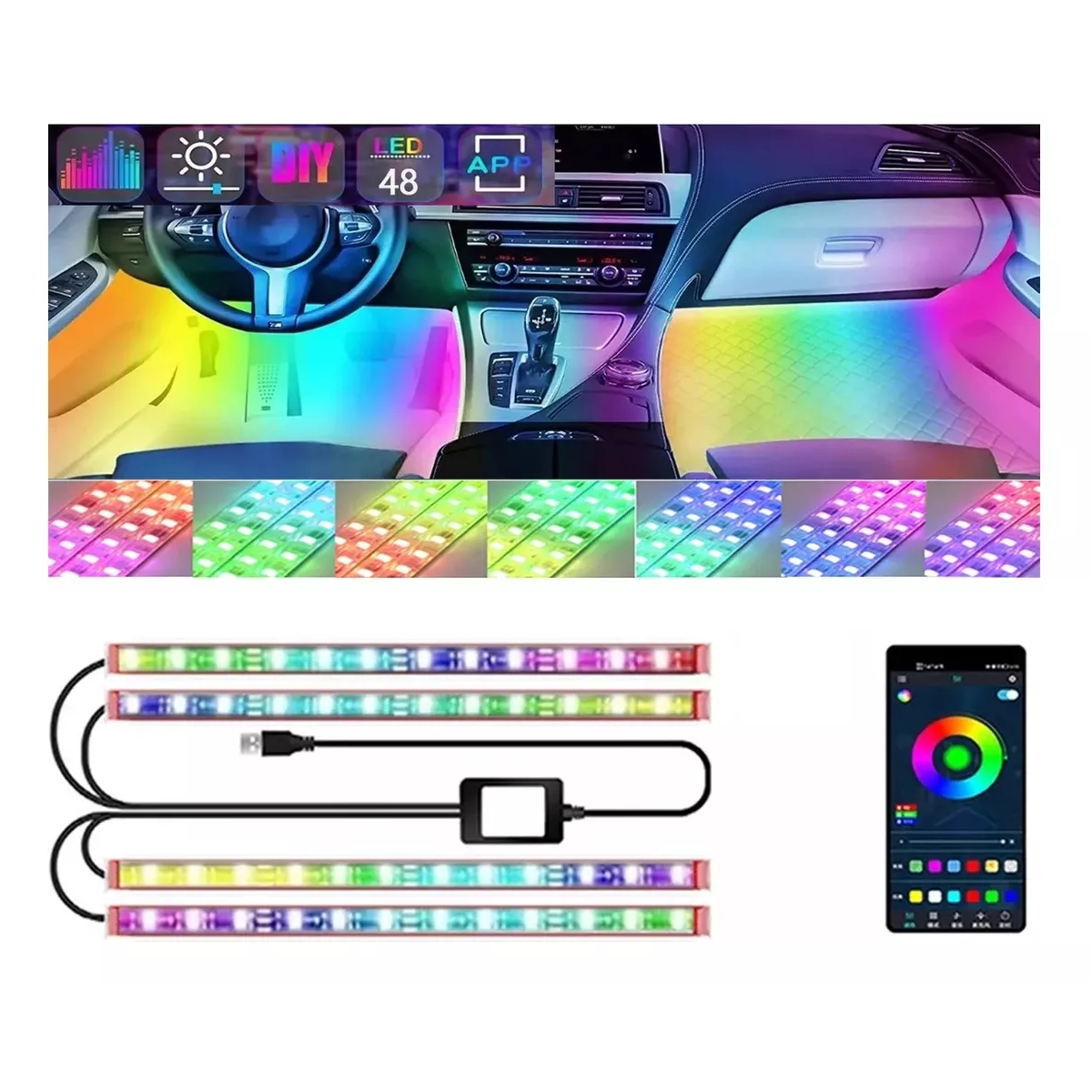 Foto 3 pulgar | Barra De Luz Tiras 48 Luces Fluido Rgb Interior Para Carro Eo Safe Imports Esi-14554 Multicolor