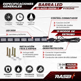 Foto 2 | Barra Led para Auto Rasen Multifuncional Luz Blanca y Amarilla 24 Led 24w con Ángulo 360° 200 m
