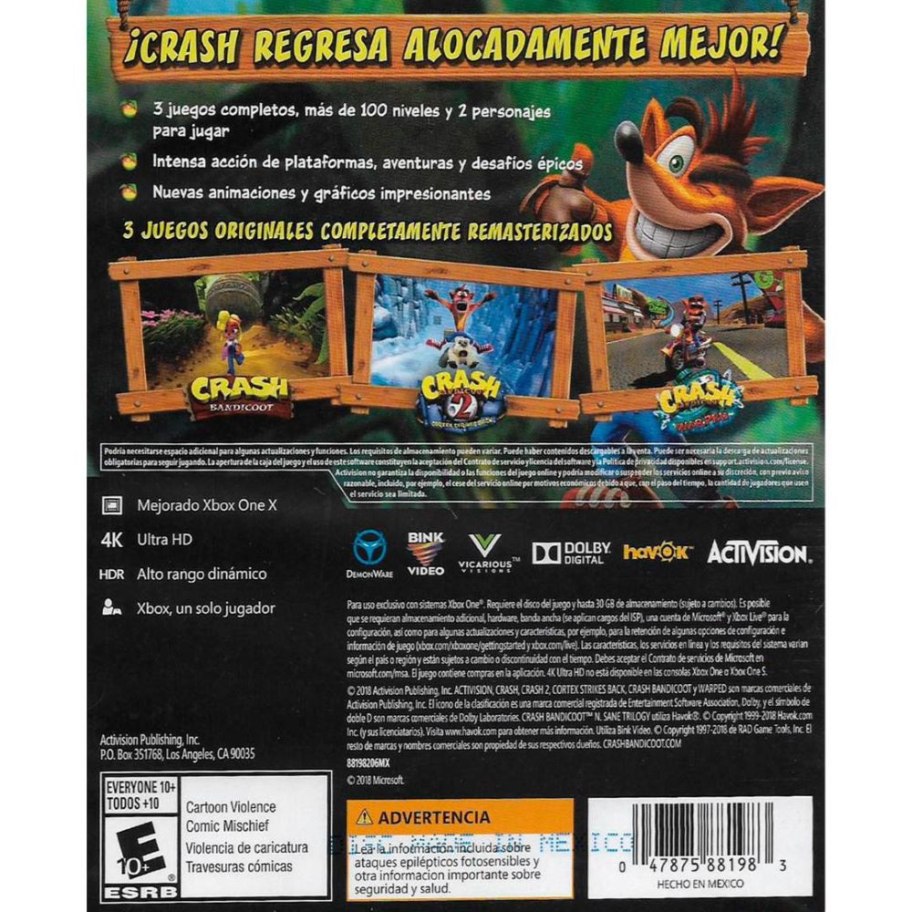 Foto 3 pulgar | Crash Bandicoot Nsane Trilogy para Xbox One