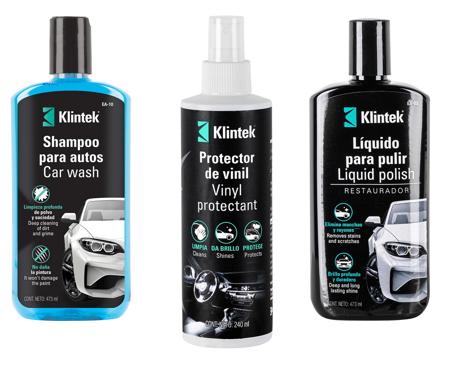 Kit Cuidado de Auto 3 Piezas Shampoo/Liquido y Protector Vinil