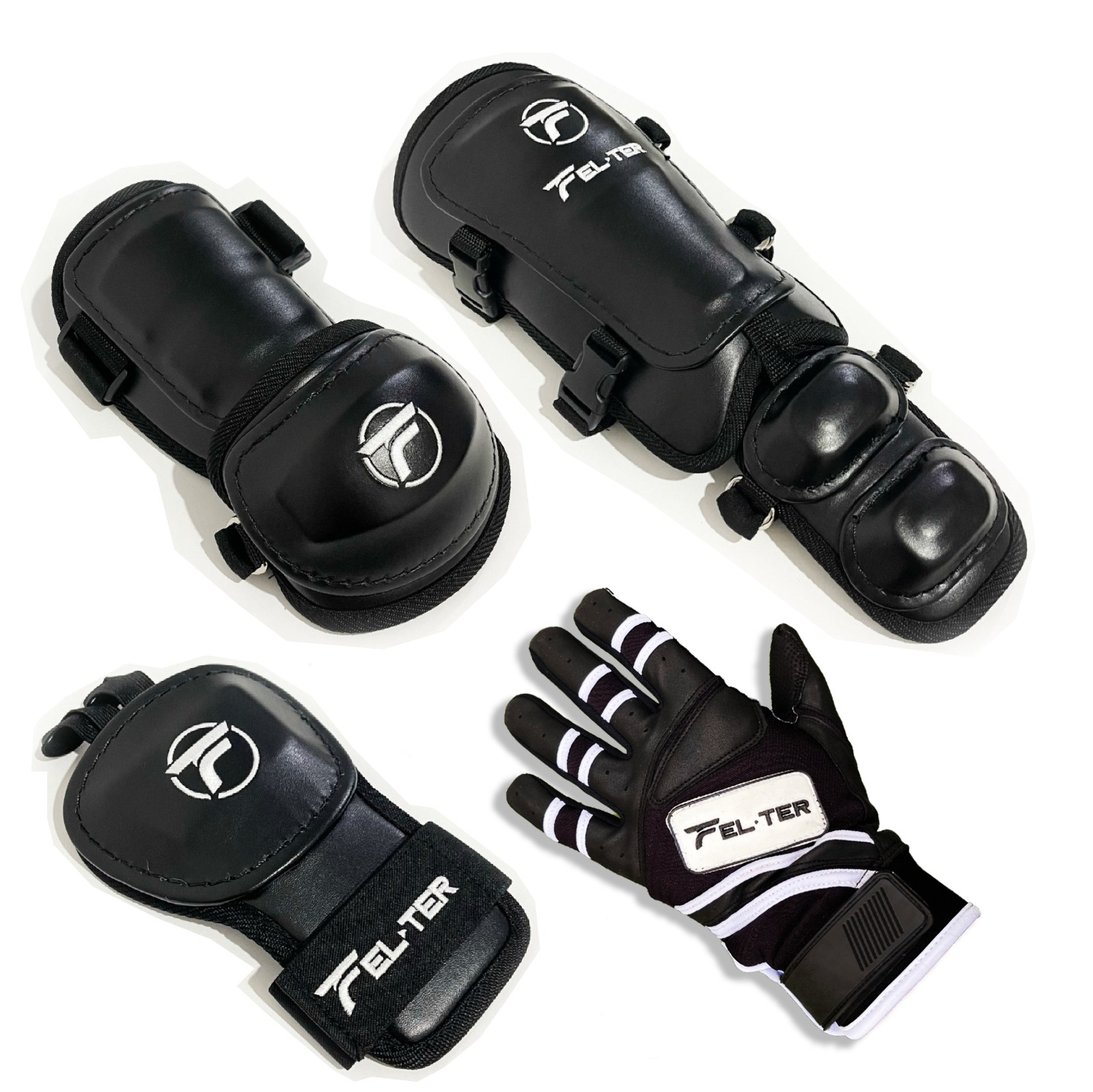 Kit 4 Pzs Protección Bateo , Felter Sports: Espinillera + Codera + Manopla + Guanteletas Negro - L