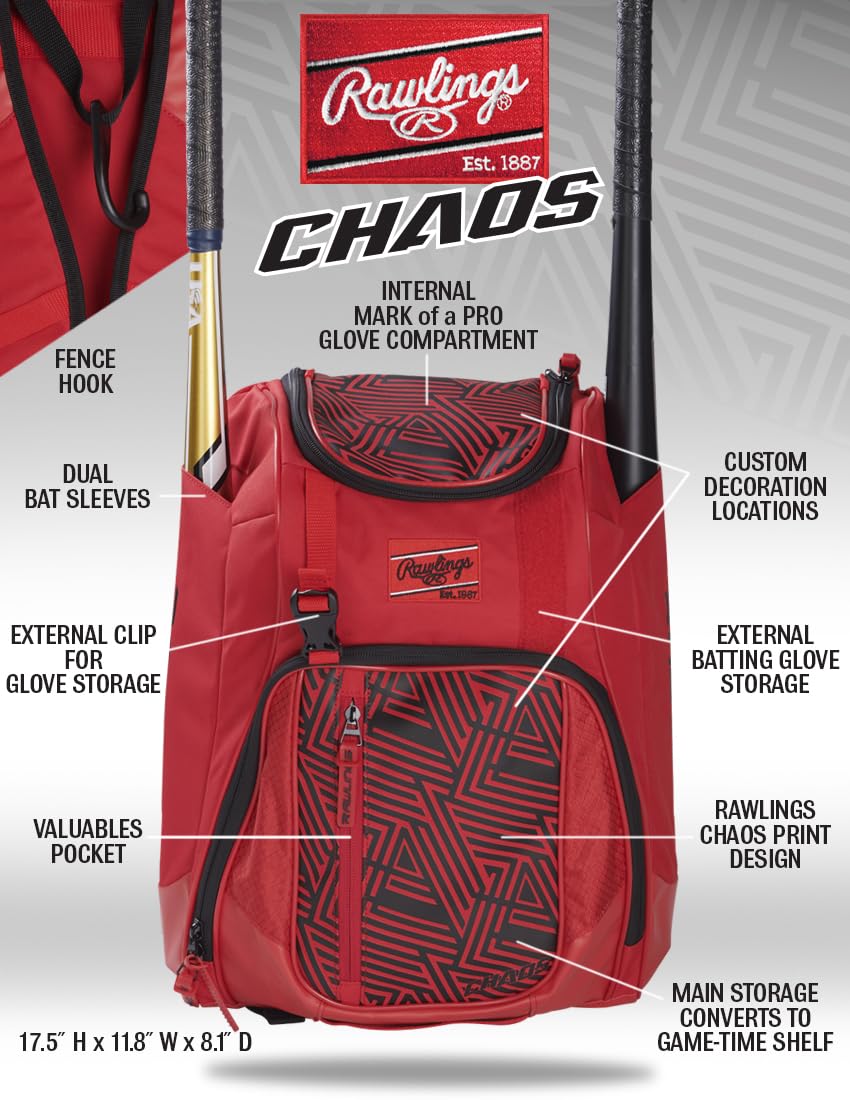 Foto 7 pulgar | Mochila Rawlings Chaos Series Youth Baseball Scarlet - Venta Internacional.