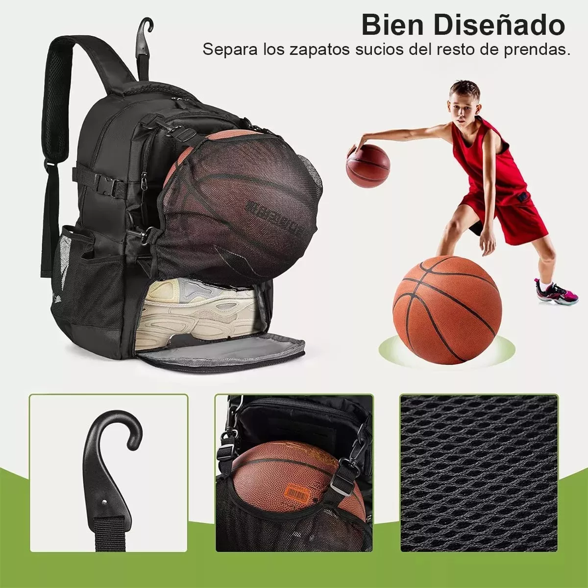 Foto 3 | Mochila de Baloncesto con Compartimento para Pelotas y Zapatos Negro
