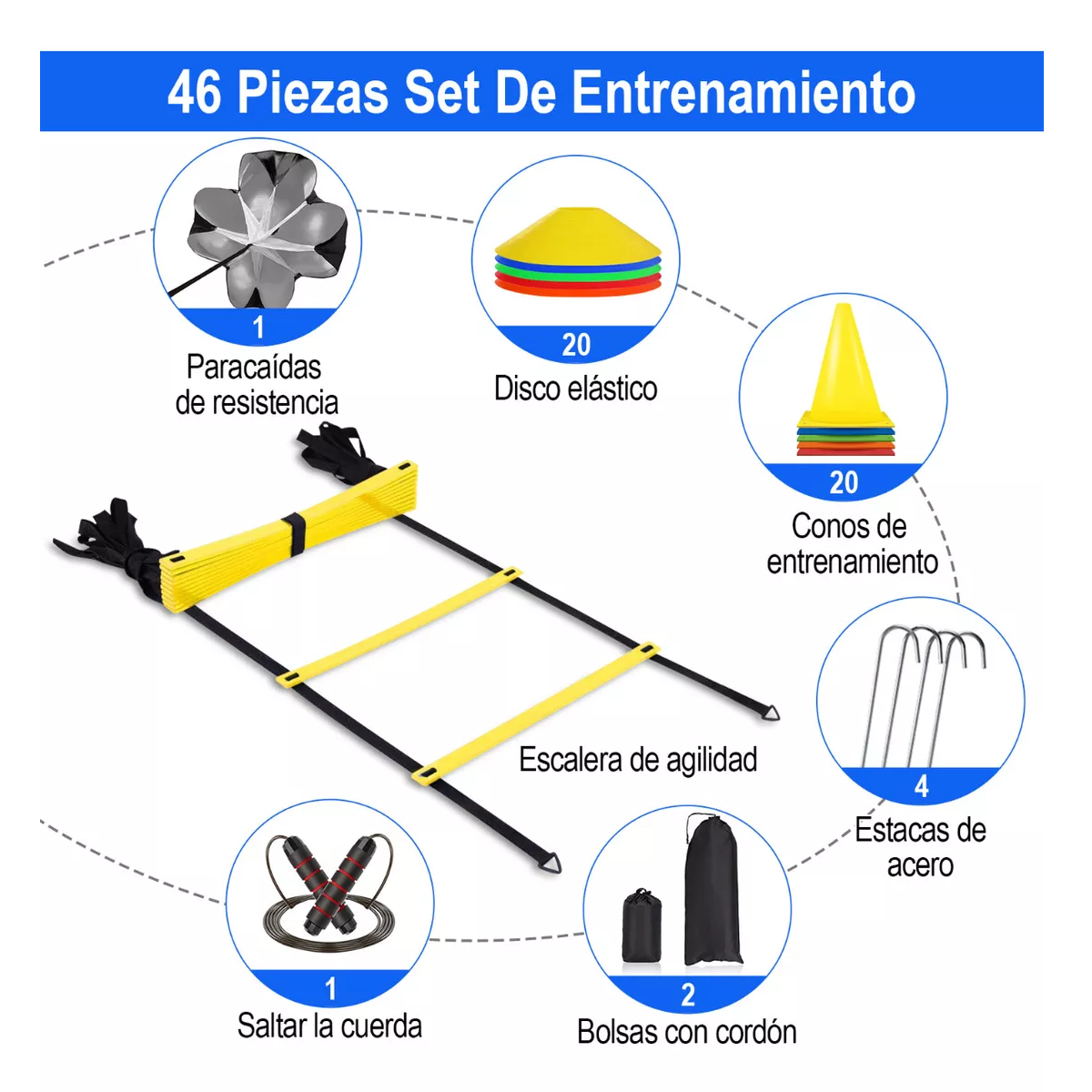 Foto 4 pulgar | Kit De 20 Platos+20 Conos+1 Paracaídas+1 Escalera Agilidad Eo Safe Imports Esi-11969 Multicolor