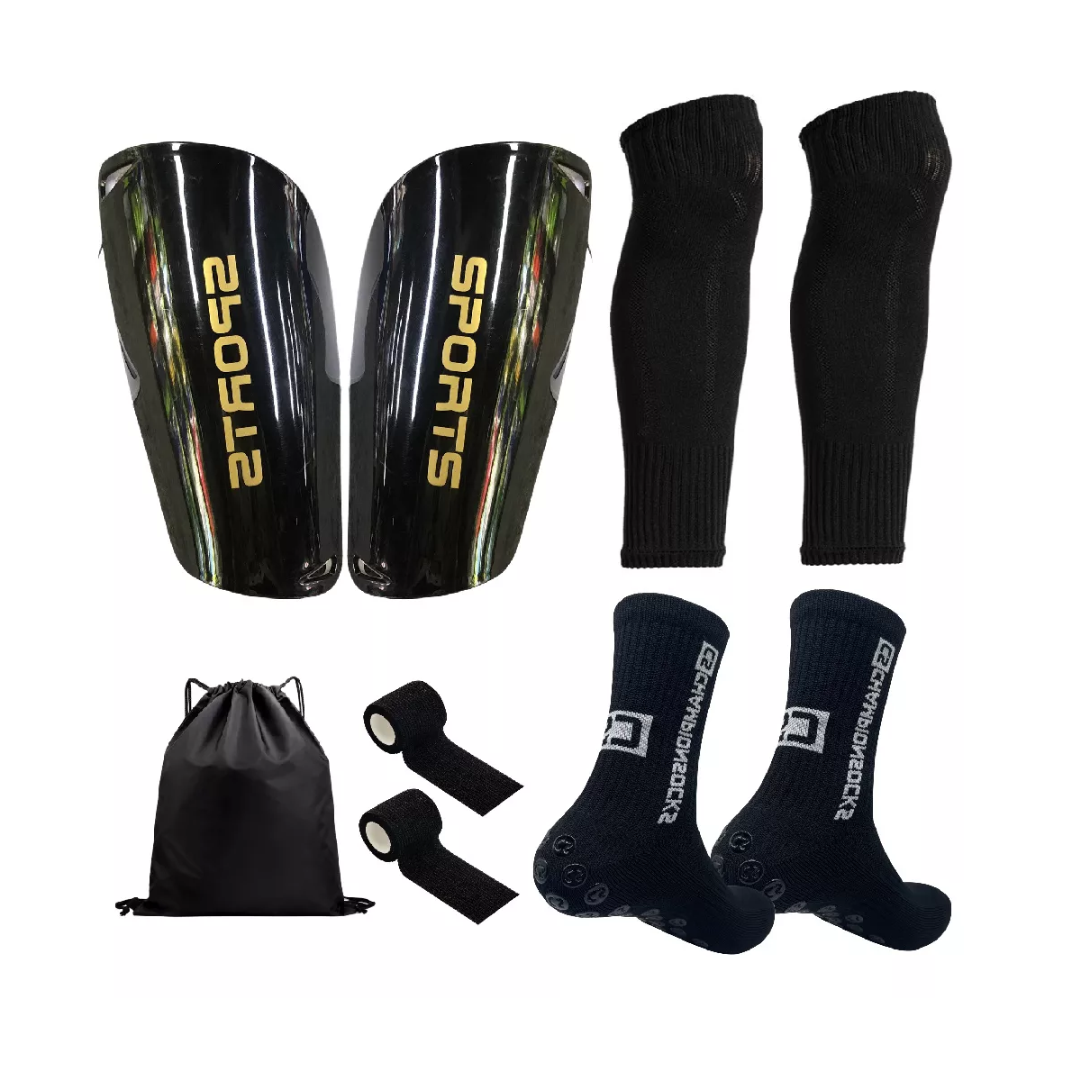 Espinilleras Adulto, Calcetines De Fútbol (6 Pieces) Set 2 Eo Safe Imports Esi-14005 Negro