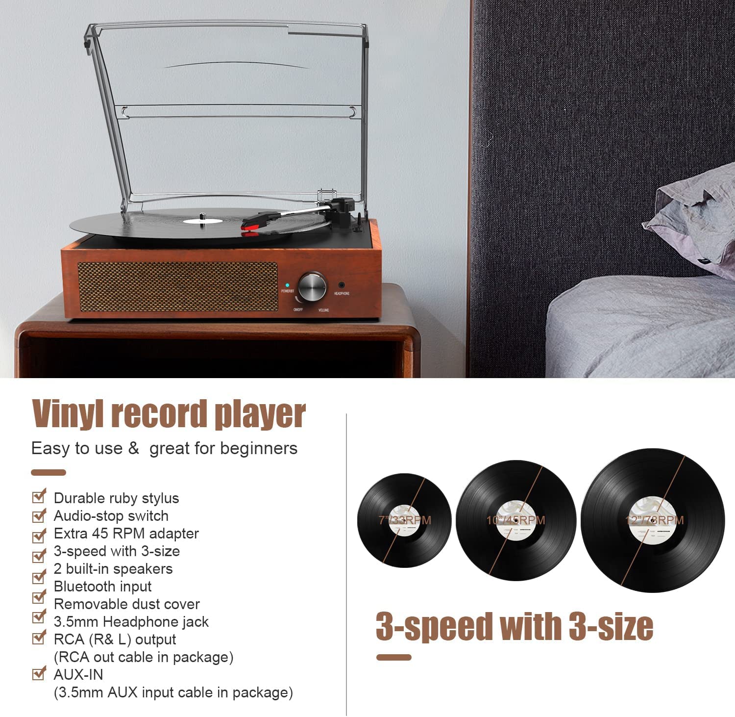 Foto 5 pulgar | Reproductor De Discos De Vinilo Con Tocadiscos Bluetooth Kedok Con Altavoces - Venta Internacional.