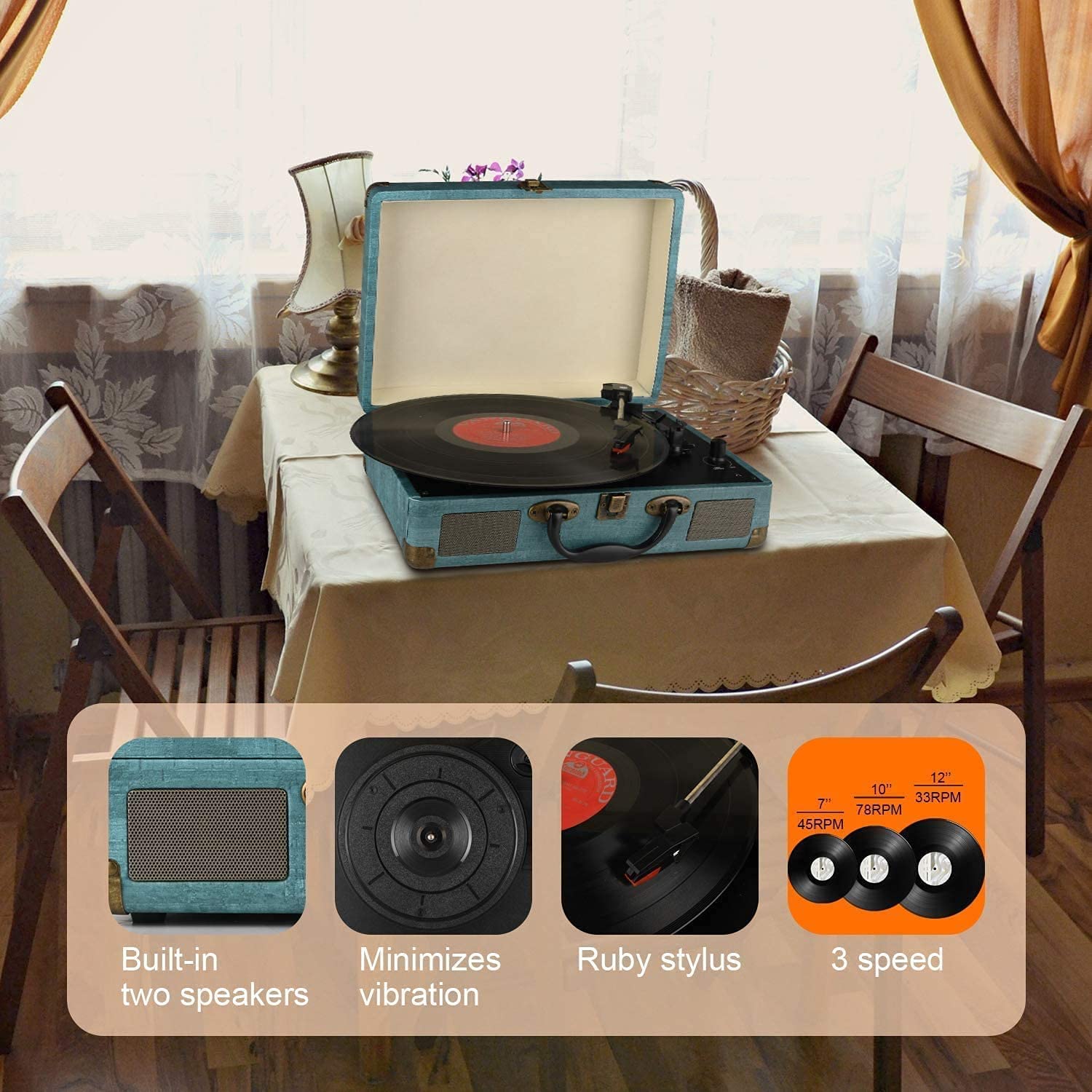 Foto 6 pulgar | Tocadiscos Record Player Kedok Vintage De Vinilo Bluetooth De 3 Velocidades - Venta Internacional.