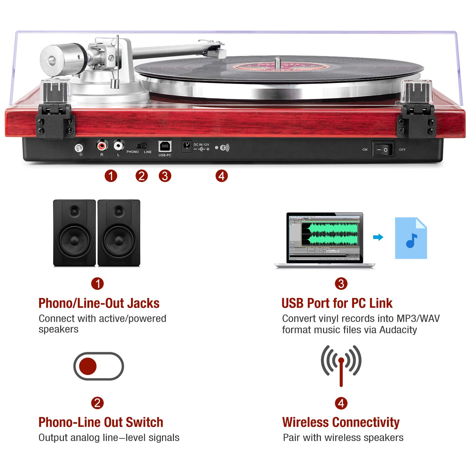 Foto 6 pulgar | Tocadiscos 1byone Belt Drive Con Bluetooth Y Salida Usb - Venta Internacional.
