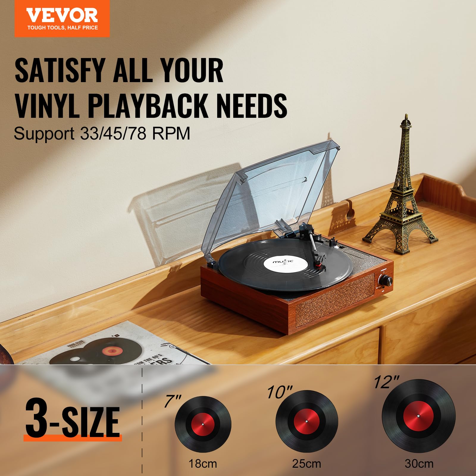Foto 3 pulgar | Tocadiscos De Vinilo Vevor Con Altavoz Bluetooth De 5 W 33/45/78 Rpm - Venta Internacional.