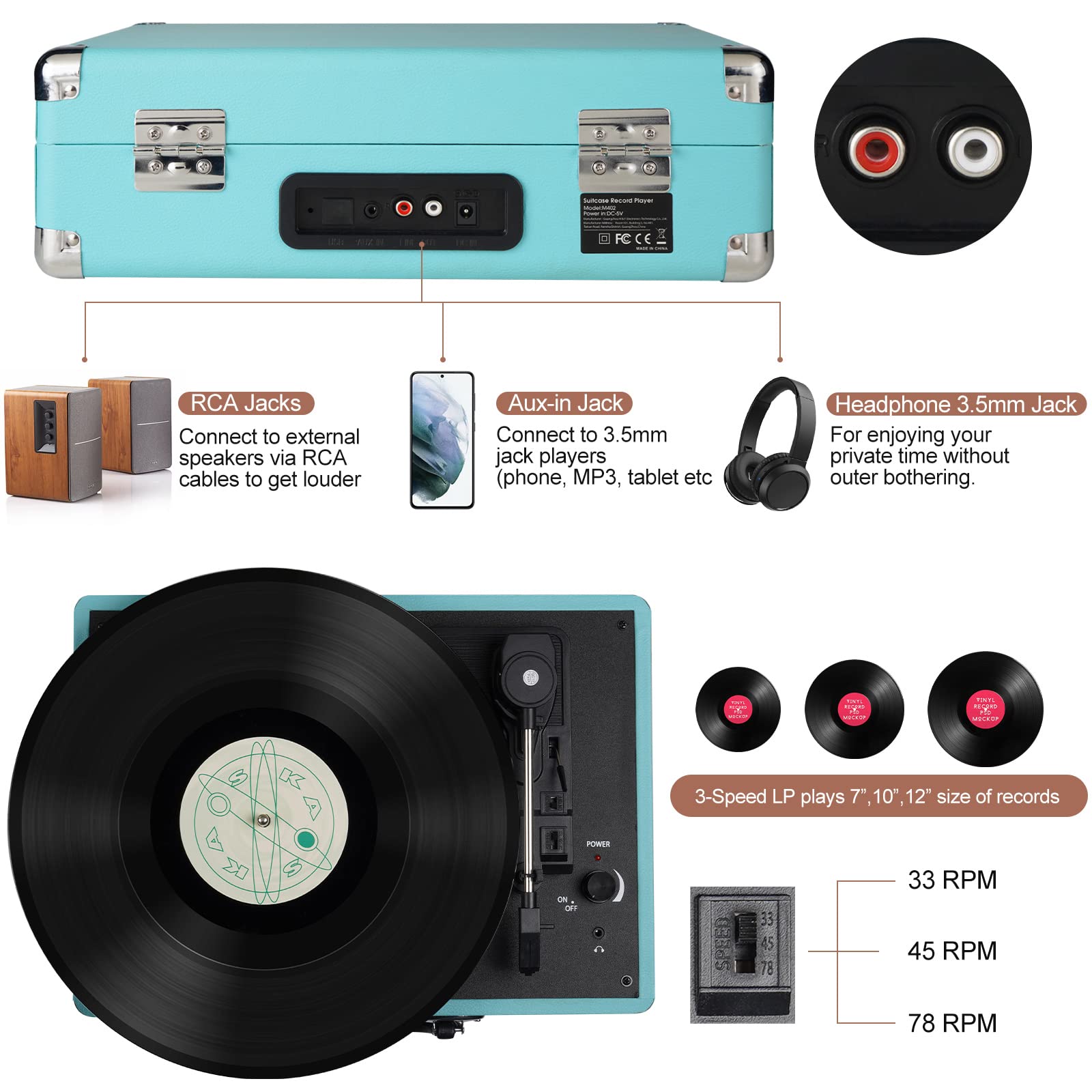 Foto 6 pulgar | Maleta Kedok Para Reproductor De Discos De Vinilo De 3 Velocidades Con Altavoces, Color Azul - Venta Internacional.