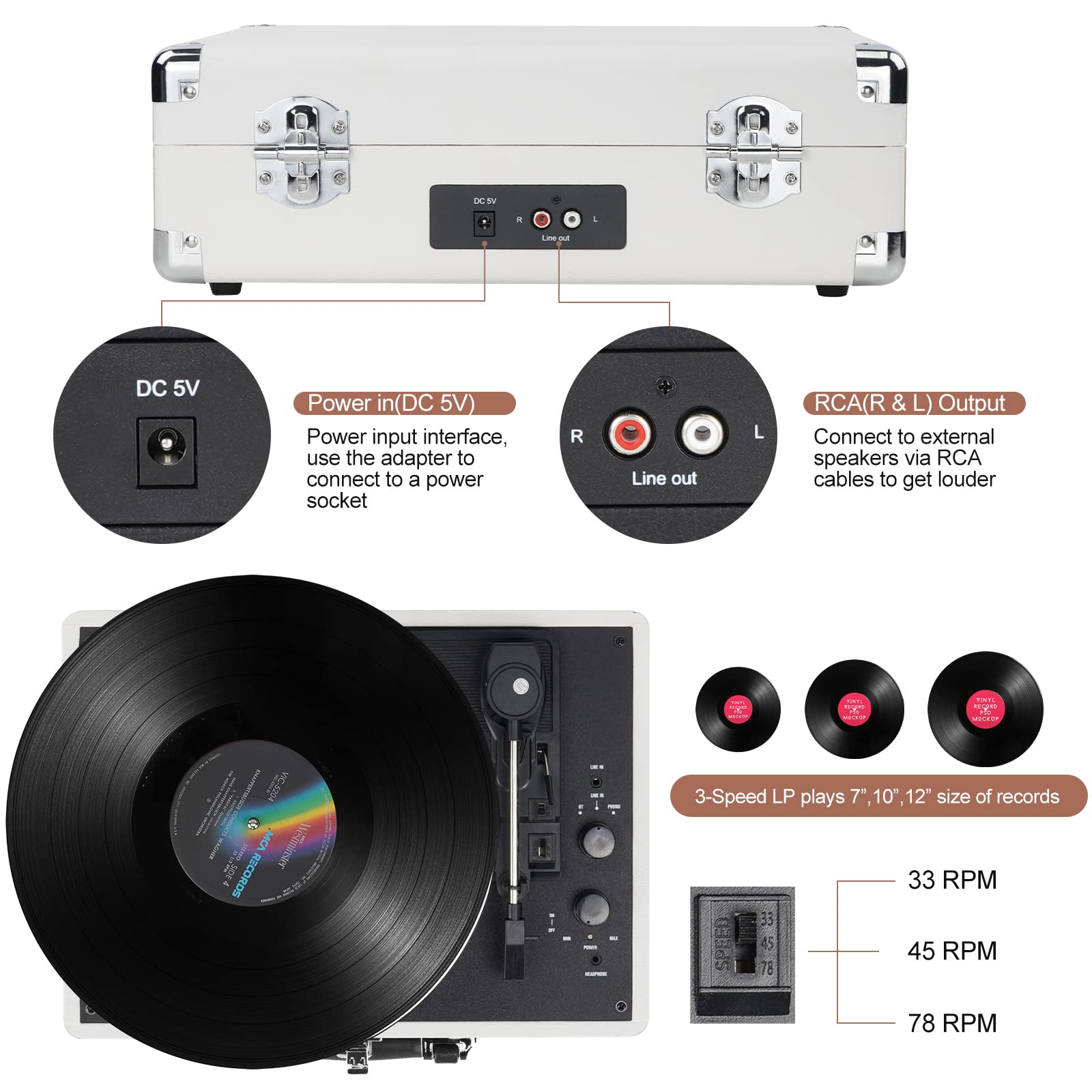 Foto 4 pulgar | Reproductor De Discos De Vinilo Br  Tocadiscos Inalámbrico Bluetooth De 3 Velocidades - Venta Internacional.
