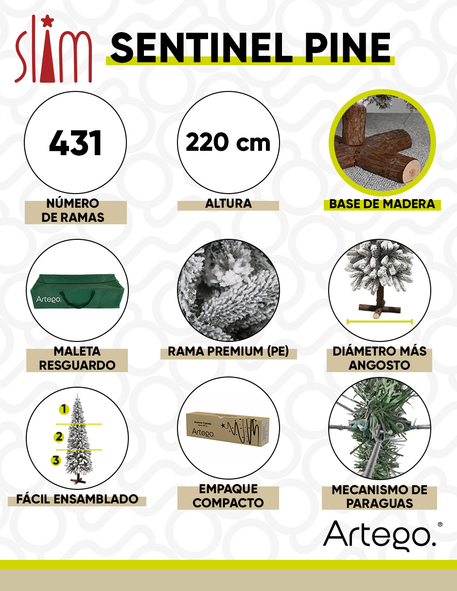 Foto 4 | Árbol De Navidad Nevado Sentinel Pine Slim Tipo Lápiz Ramas Premium Pino Navideño 220 Cm De Alto Con Base De Madera R