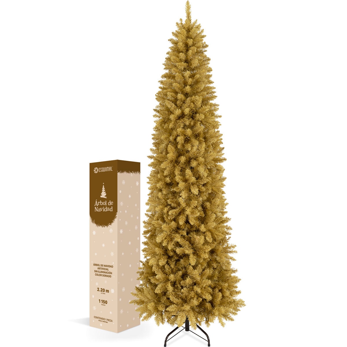 Árbol De Navidad Artificial Esquimal Pino Dorado Tipo Lápiz 2.20m Con 1150 Ramas $2,999