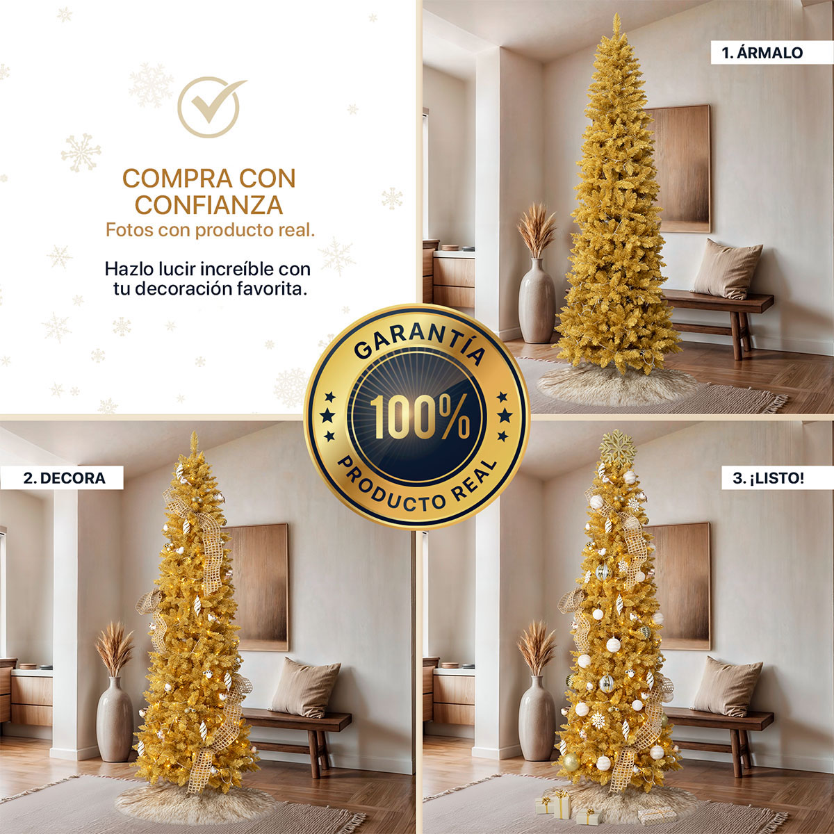 Foto 7 pulgar | Árbol De Navidad Artificial Esquimal Pino Dorado Tipo Lápiz 2.20m Con 1150 Ramas