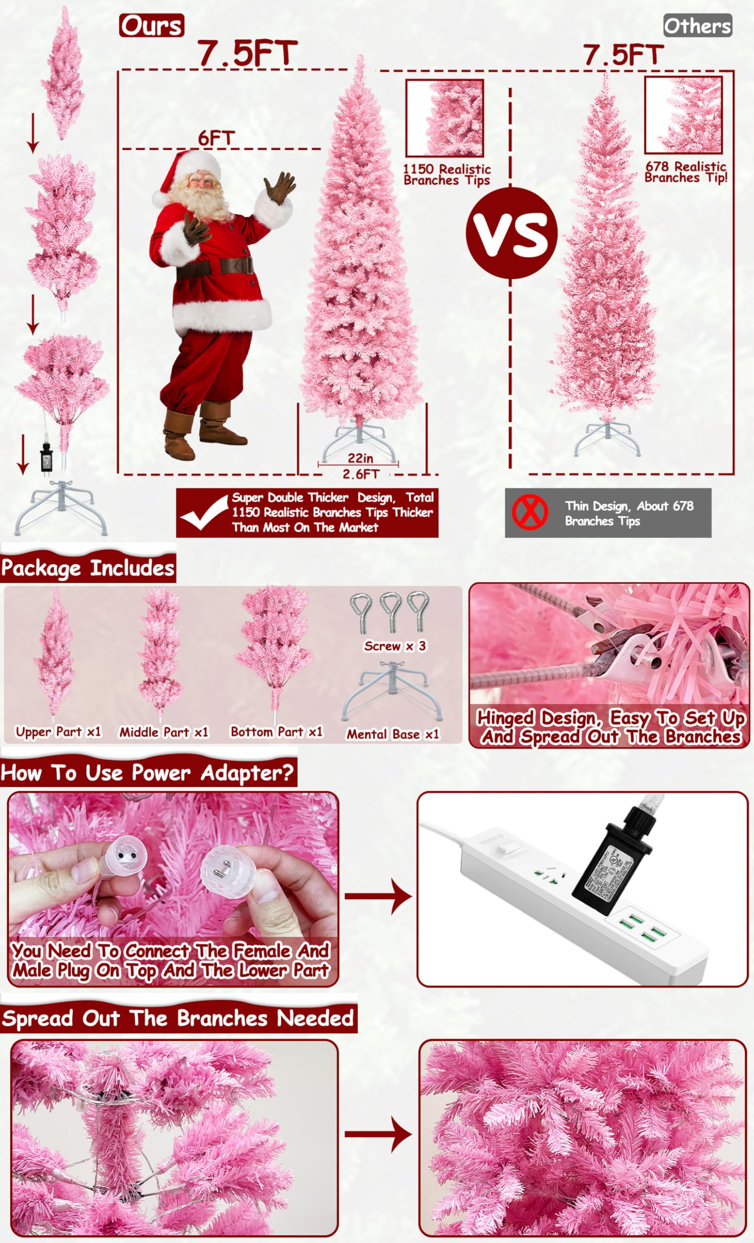 Foto 3 pulgar | Árbol De Navidad Turnmeon Rosa Preiluminado De 7.5 Pies Con 300 Luces Led - Venta Internacional.
