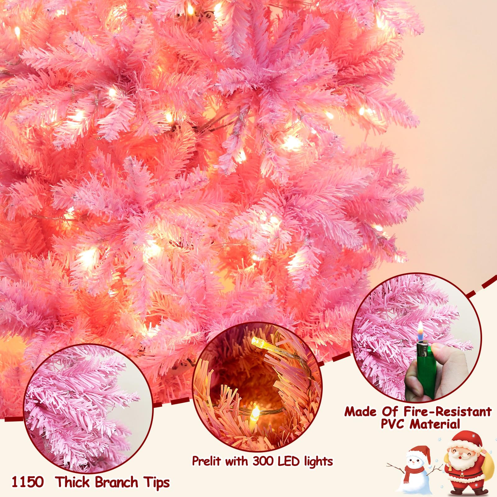 Foto 6 pulgar | Árbol De Navidad Turnmeon Rosa Preiluminado De 7.5 Pies Con 300 Luces Led - Venta Internacional.