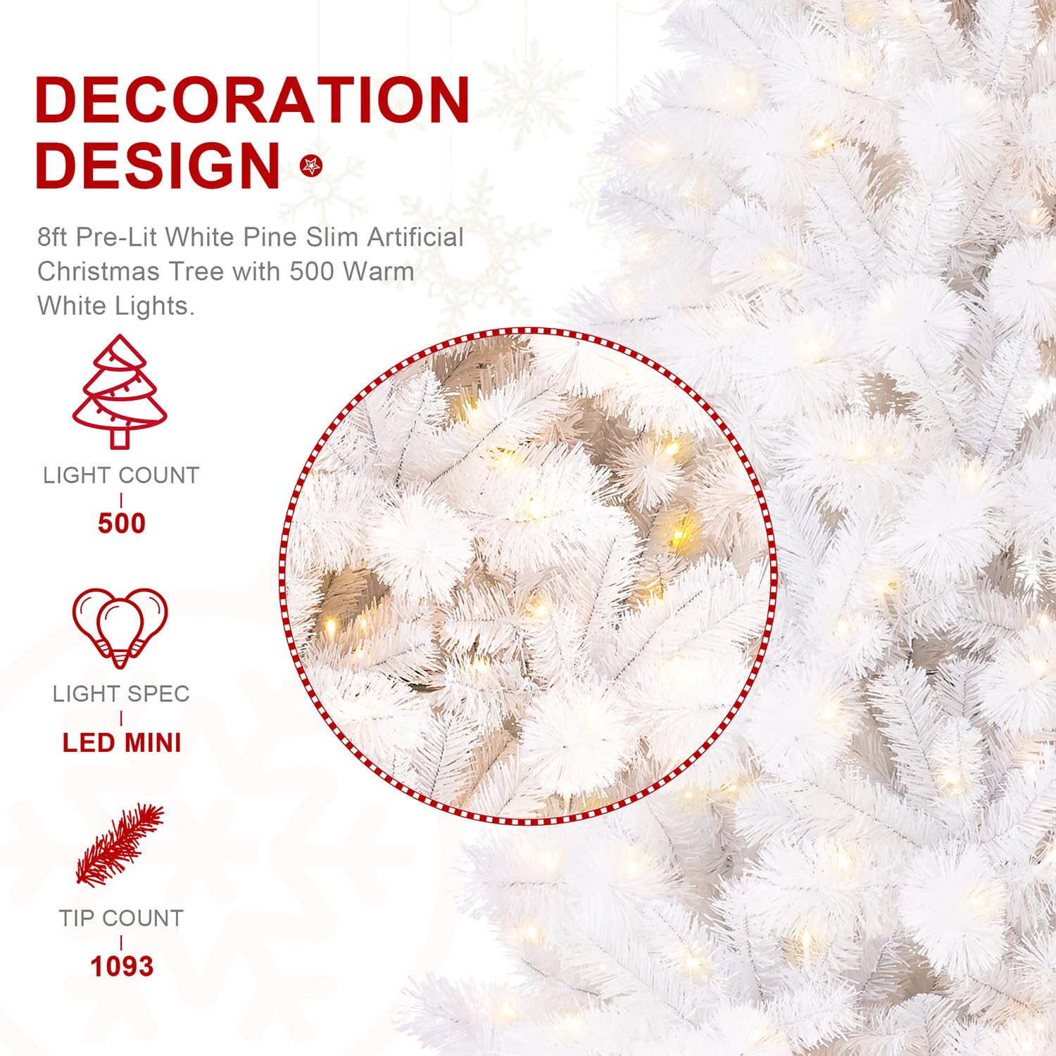 Foto 7 pulgar | Árbol De Navidad Glitzhome De Pino Blanco Preiluminado De 8 Pies Con 500 Luces - Venta Internacional.