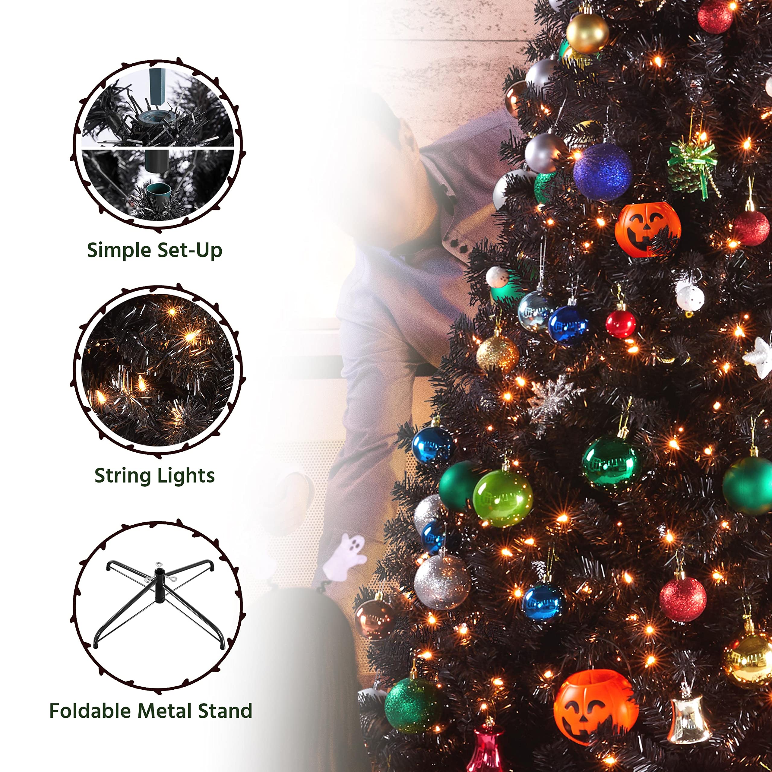 Foto 4 | Árbol De Navidad Yaheetech De 1,4 M Con 150 Luces Blancas Cálidas, Color Negro - Venta Internacional.