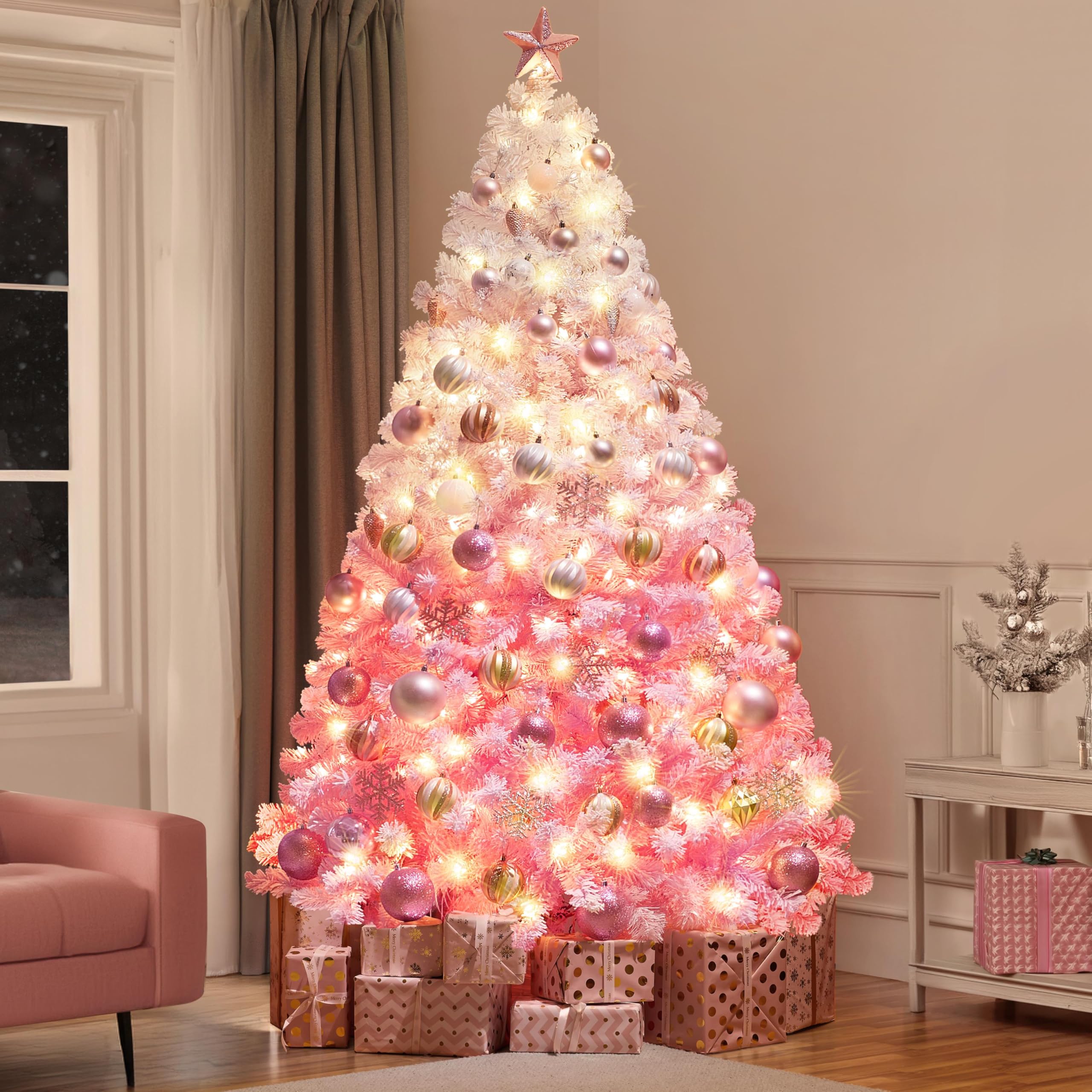 Foto 3 pulgar | Árbol De Navidad Yaheetech Artificial Preiluminado De 2,28 M, Rosa Con Luces - Venta Internacional.