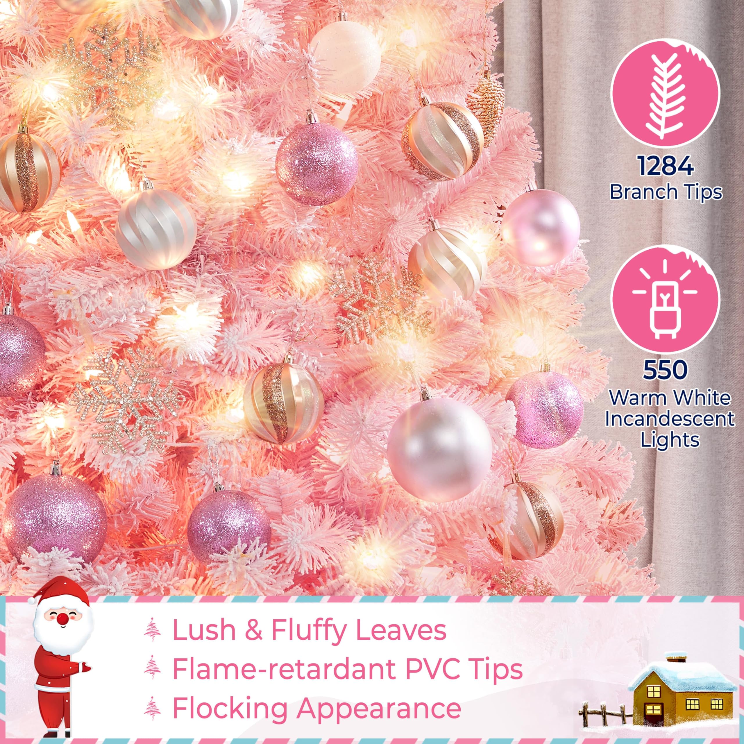 Foto 4 | Árbol De Navidad Yaheetech Artificial Preiluminado De 2,28 M, Rosa Con Luces - Venta Internacional.