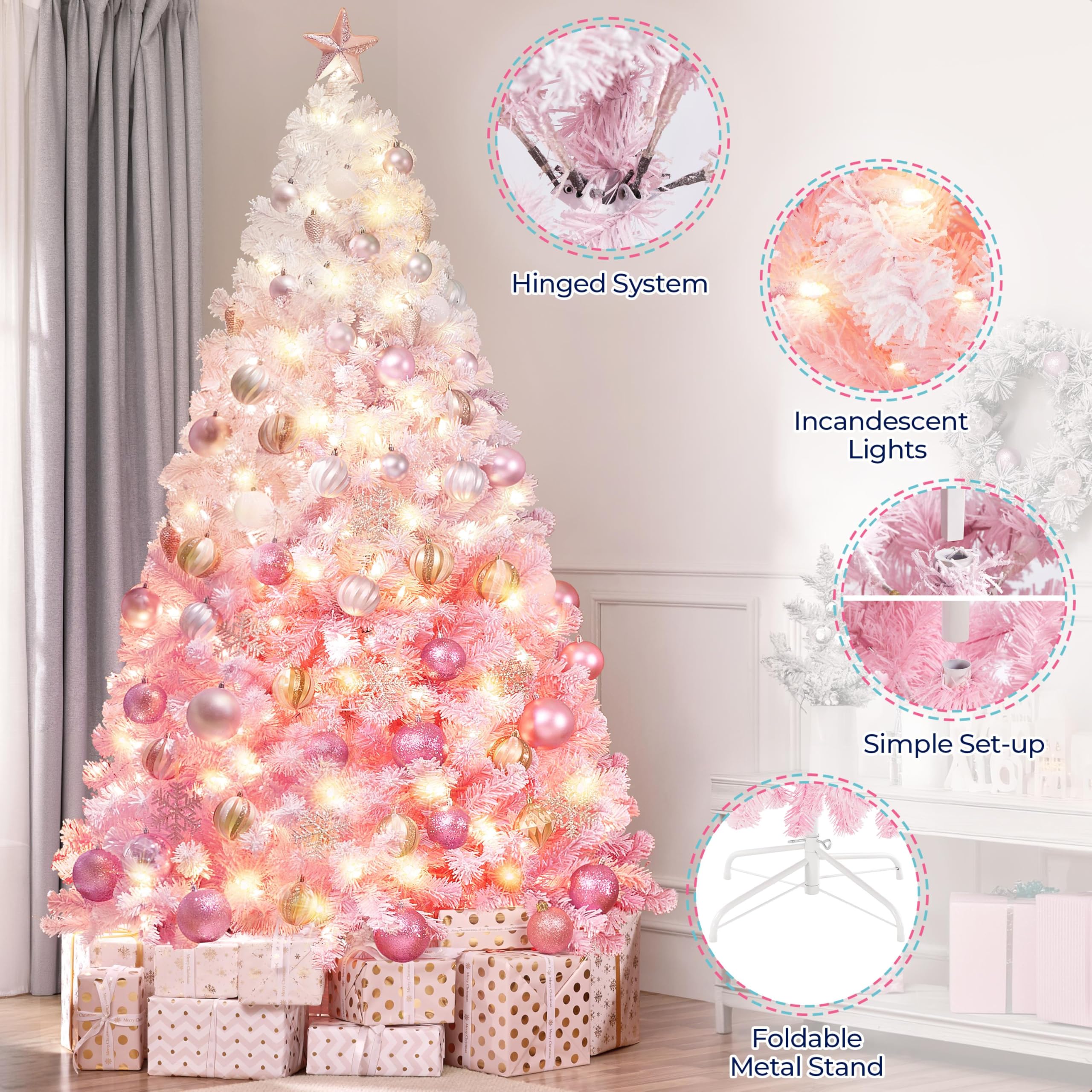 Foto 5 | Árbol De Navidad Yaheetech Artificial Preiluminado De 2,28 M, Rosa Con Luces - Venta Internacional.