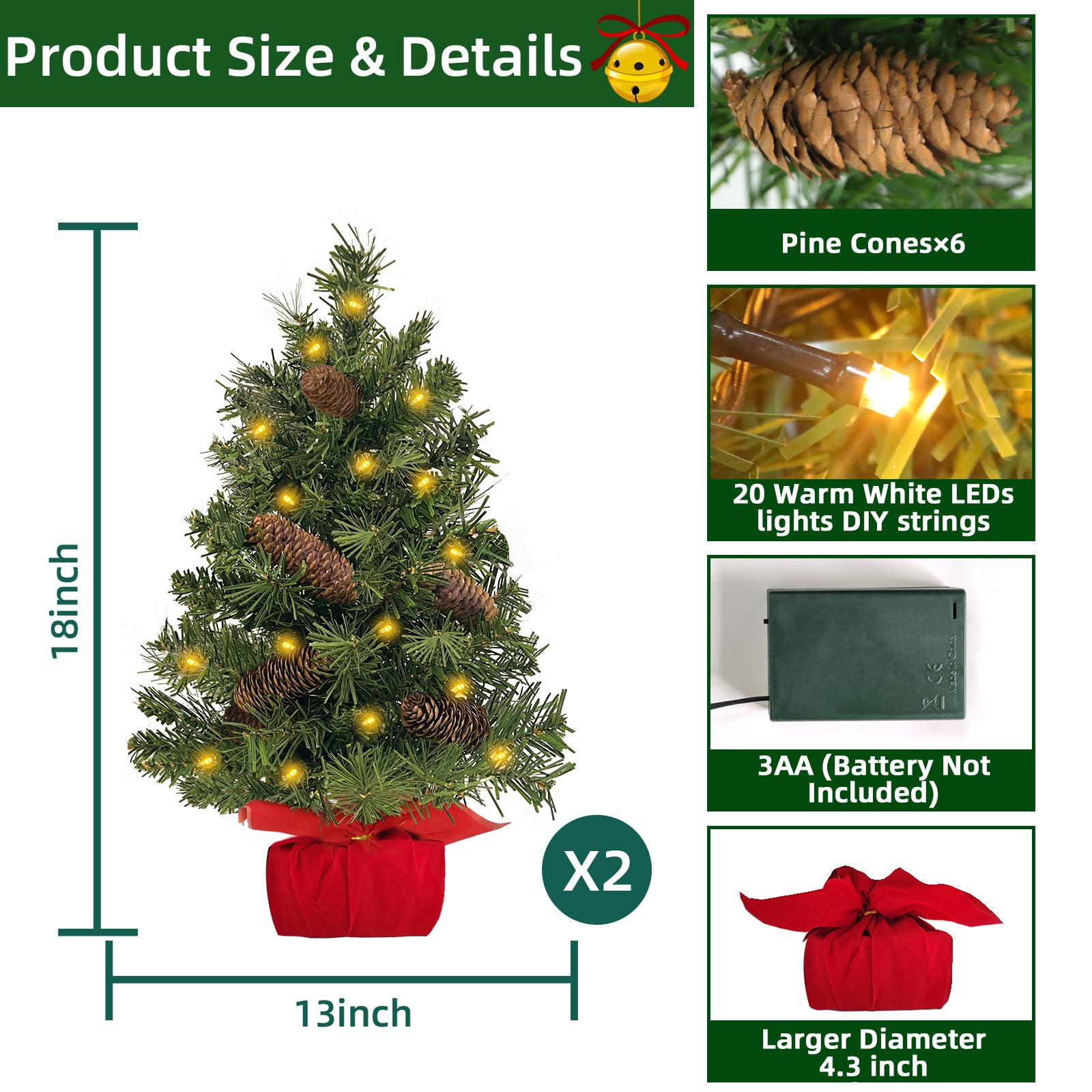 Foto 5 pulgar | Árbol De Navidad Turnmeon Sobre Mesa Con 20 Luces, Paquete De 2 Unidades, 46 Cm - Venta Internacional.