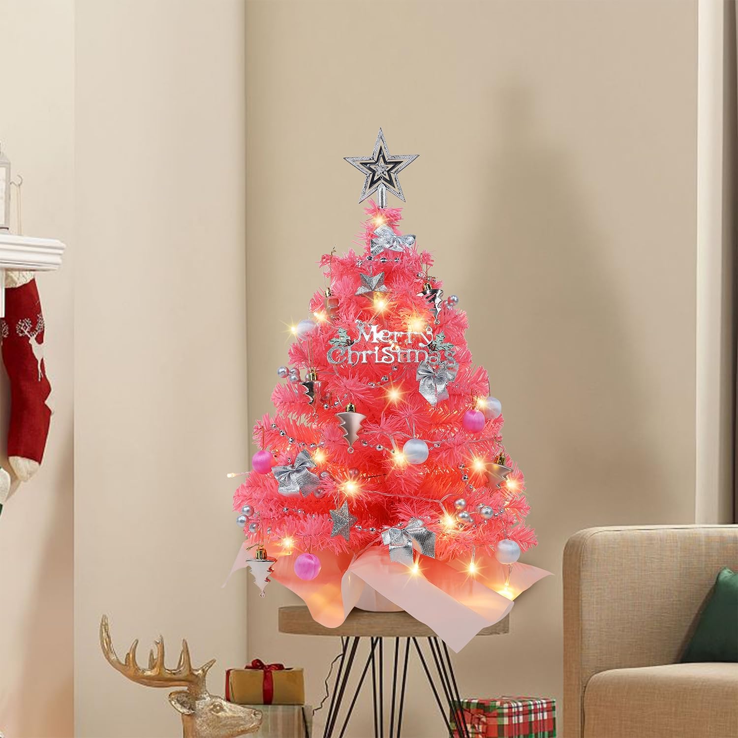 Foto 4 pulgar | Árbol De Navidad Juegoal Mini Rosa De 60 Cm Con 50 Luces Led - Venta Internacional.
