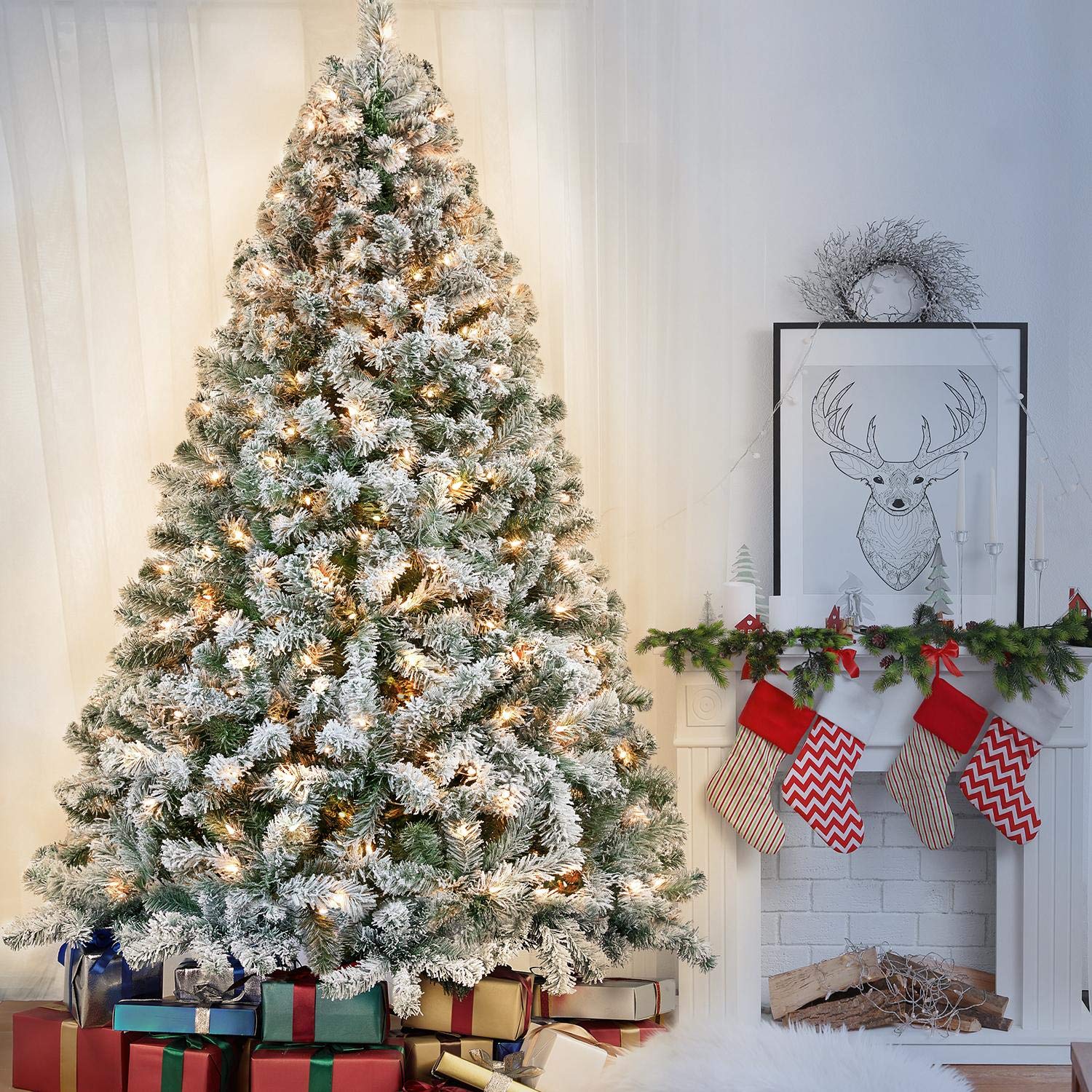Foto 3 pulgar | Árbol De Navidad Yaheetech De 2,3 M, Preiluminado, Con Luces, Flocado - Venta Internacional.